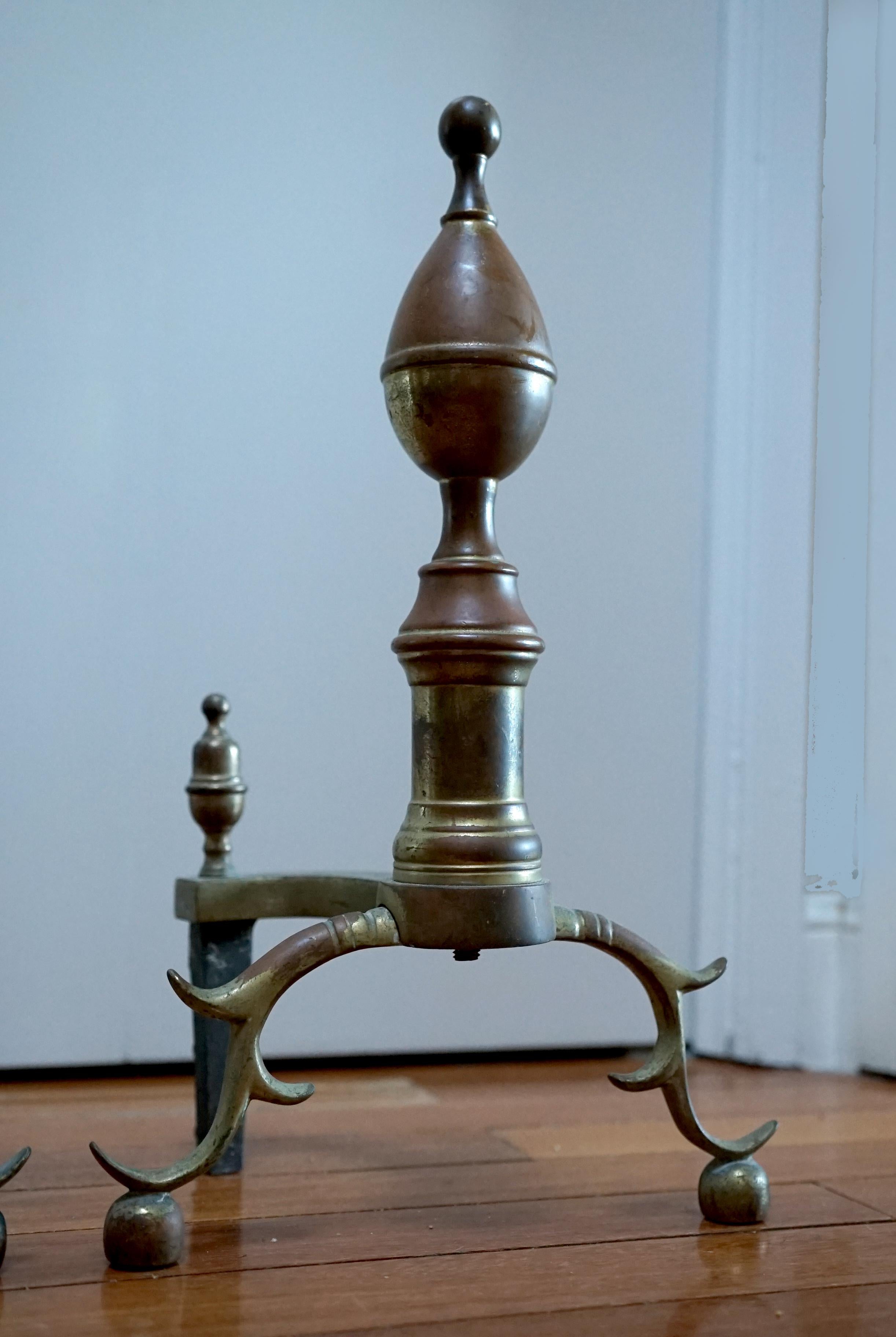American Classical 19th Century Lemon Top Antique Brass and Iron American Andirons   For Sale
