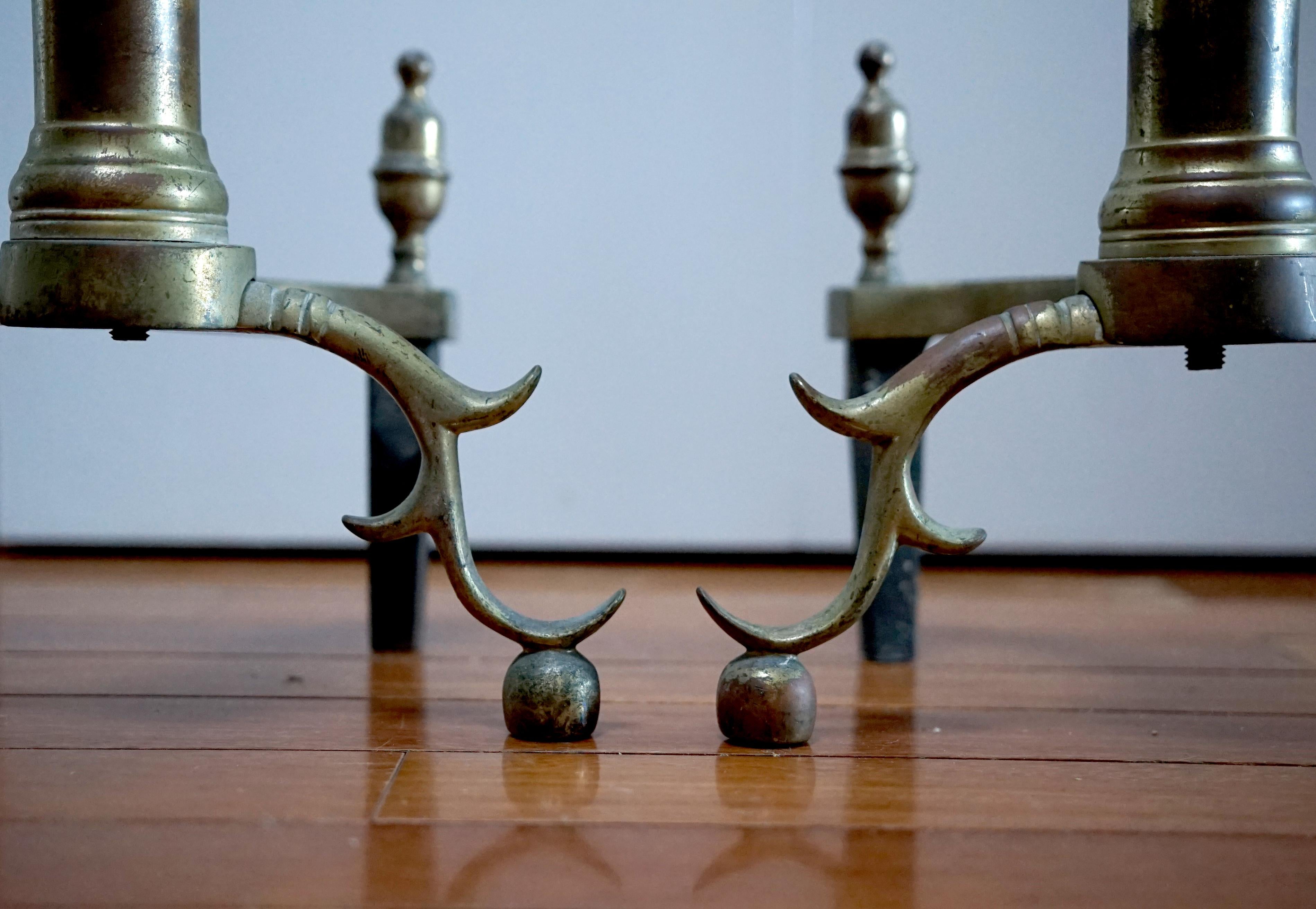 Cast 19th Century Lemon Top Antique Brass and Iron American Andirons   For Sale