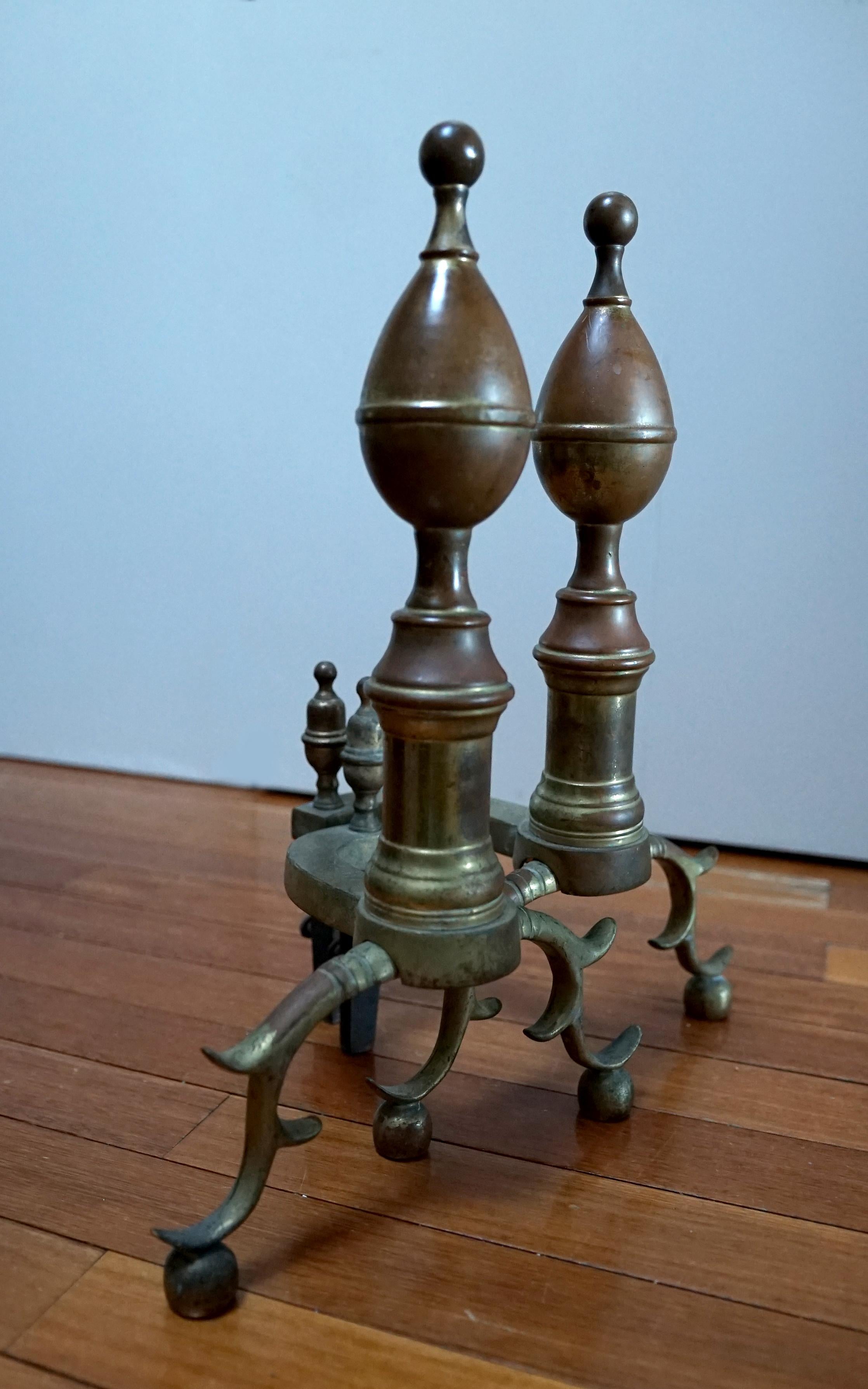 19th Century Lemon Top Antique Brass and Iron American Andirons   In Good Condition For Sale In Lomita, CA