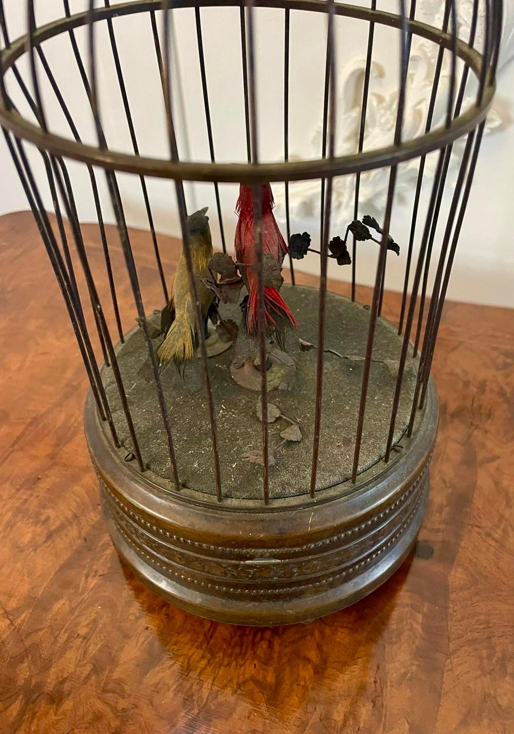 19th century antique brass caged singing birds having two singing and moving birds in a brass cage on a circular ornate brass base


A quaint piece in perfect working order


Dimensions:
Height 25.5 cm 
Width 15 cm 
Depth 15 cm


Dated 1880
