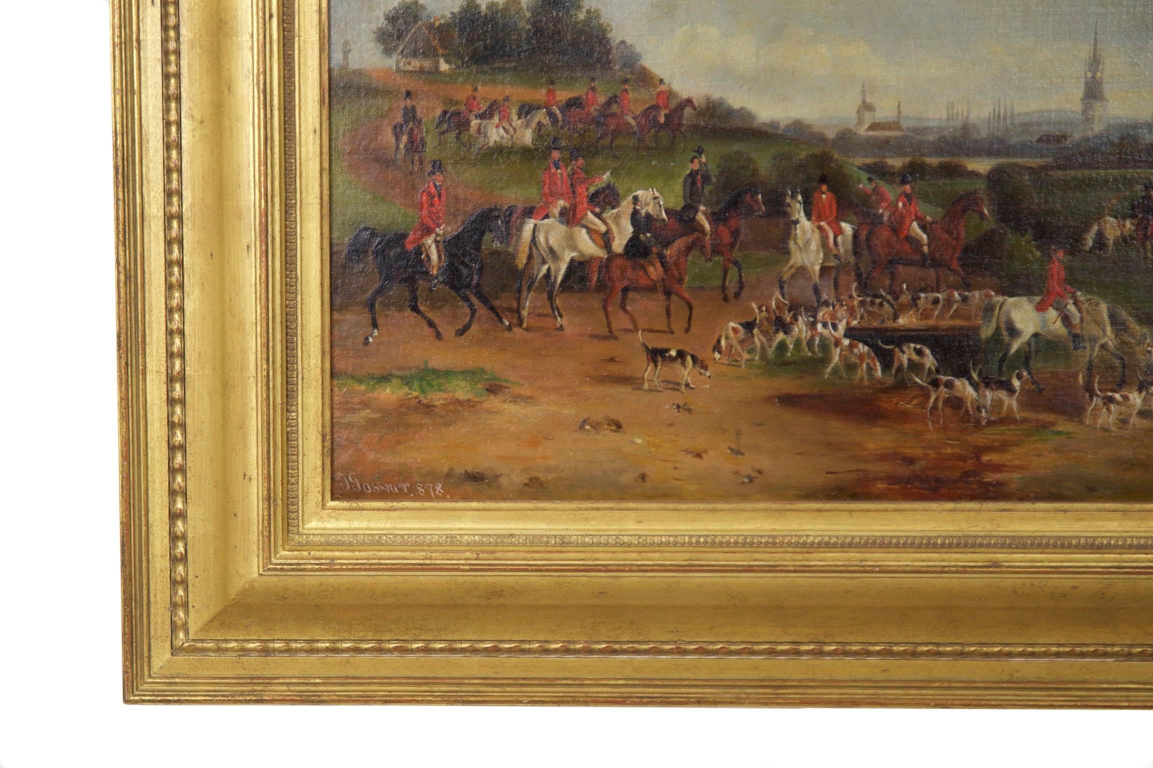 19th Century Antique British Hunt Scene Landscape Painting by T. Gassner 9