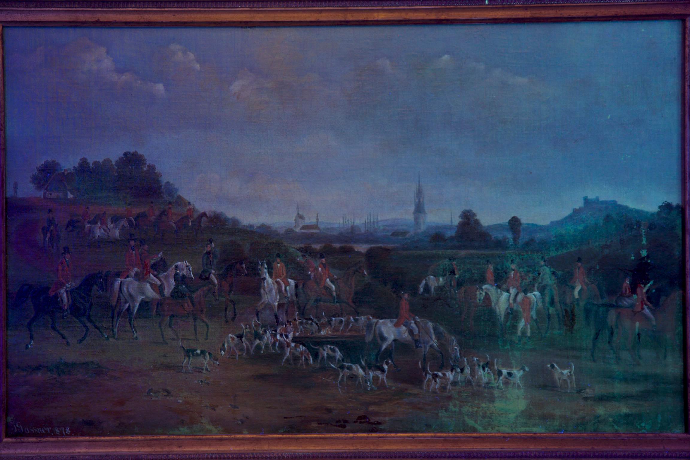 19th Century Antique British Hunt Scene Landscape Painting by T. Gassner 11