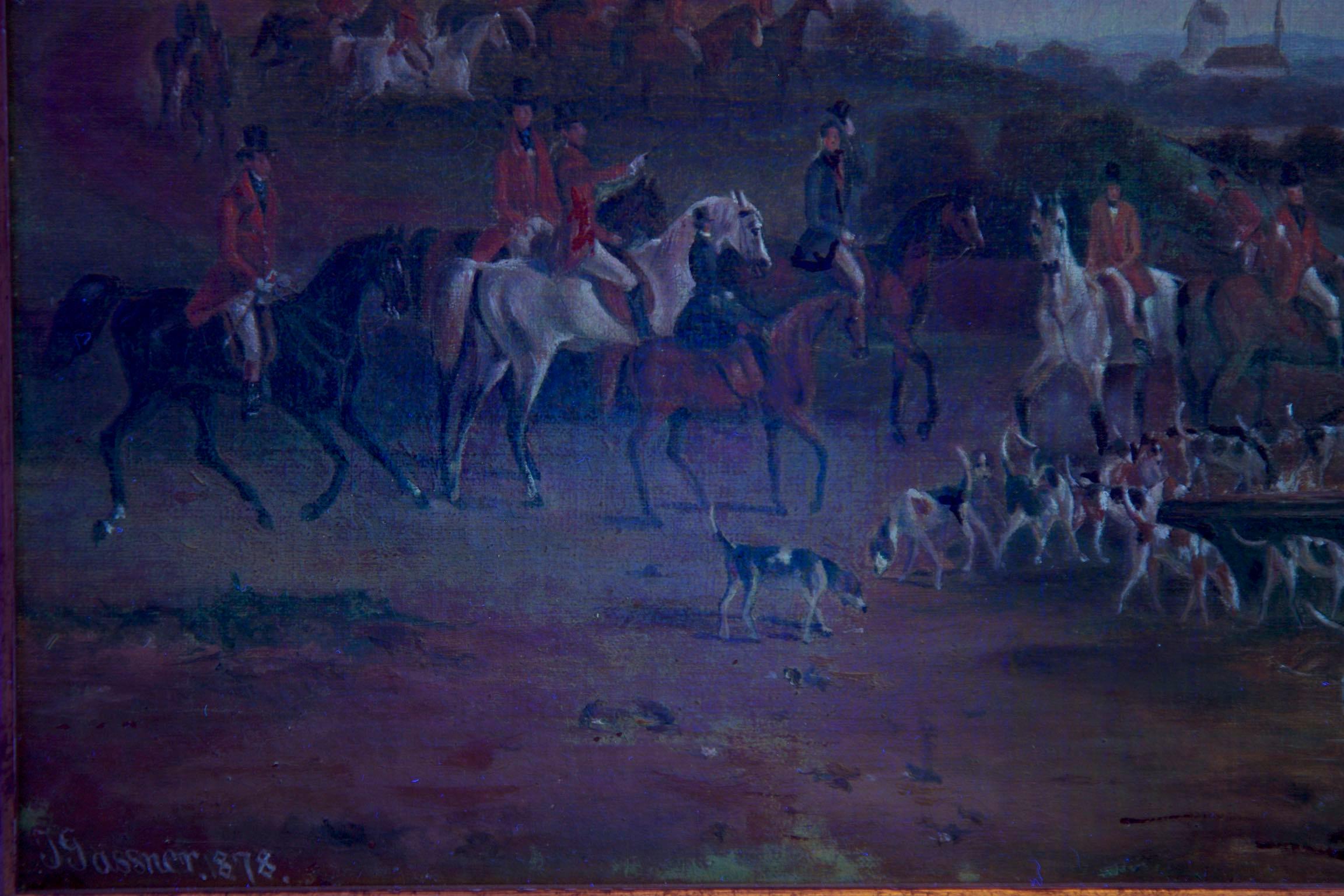 19th Century Antique British Hunt Scene Landscape Painting by T. Gassner 14