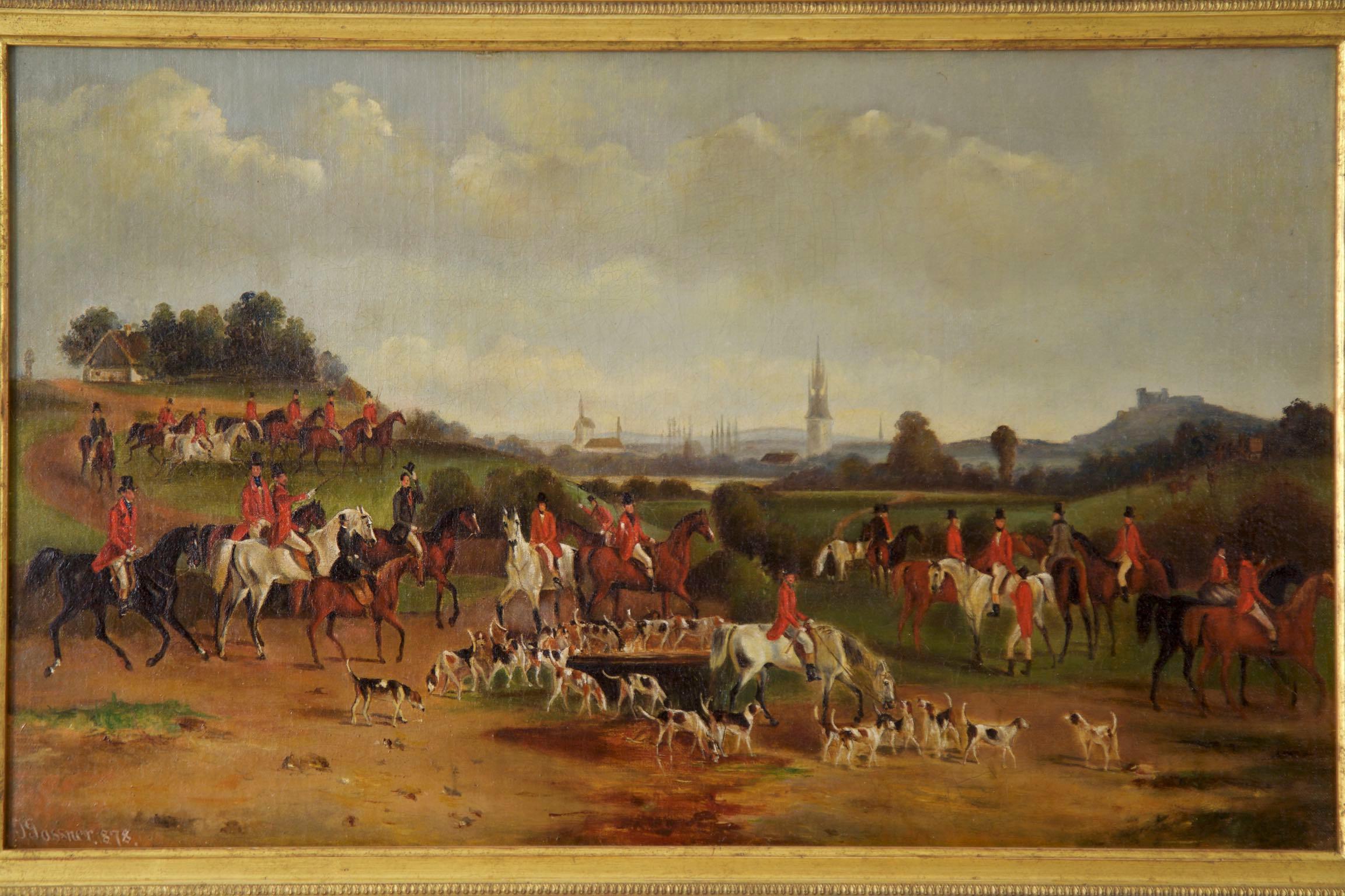 A sprawling and complex sporting scene by unknown British artist “T. Gassner”, the painting captures a wide swath of countryside with spires of various town buildings peering over the horizon with hints of mountains in the far distance before an