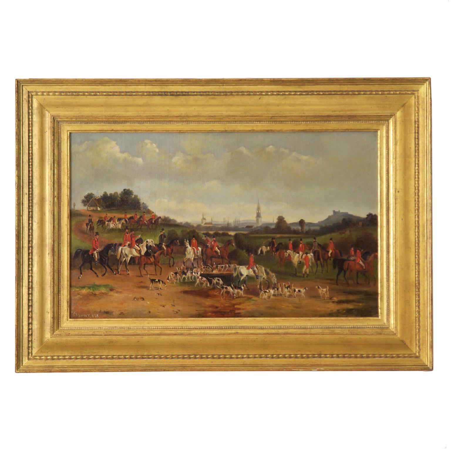 19th Century Antique British Hunt Scene Landscape Painting by T. Gassner