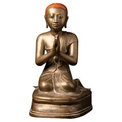 statue de moine birman en bronze ancien du 19ème siècle en Namaskara Mudra