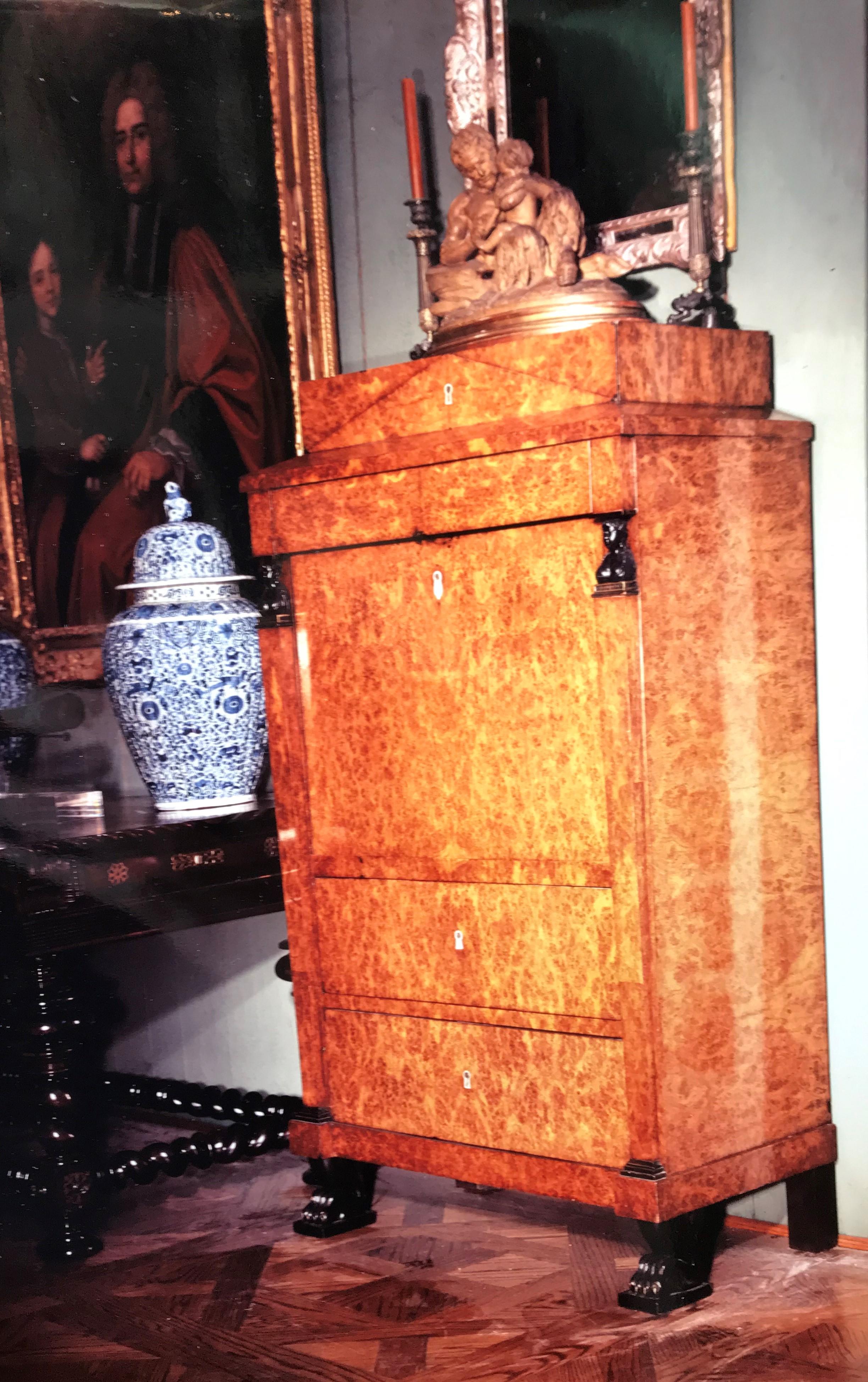 19th C. Royal Antique Burl Wood Secretary Desk & Black Leather Drop Leaf Top Hrh For Sale 10