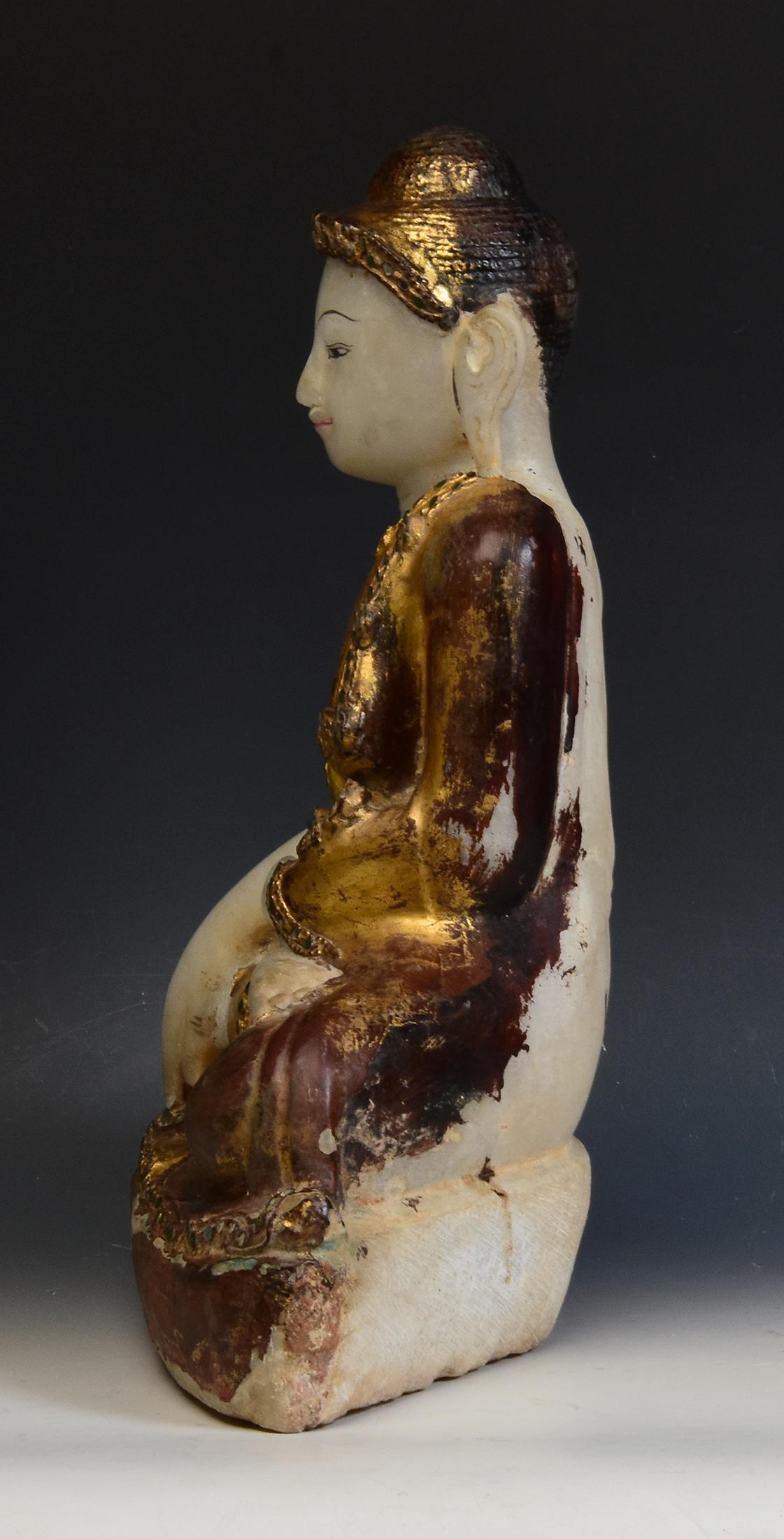 19th Century, Antique Burmese Alabaster Marble Buddha with Original Inlay Glass For Sale 6