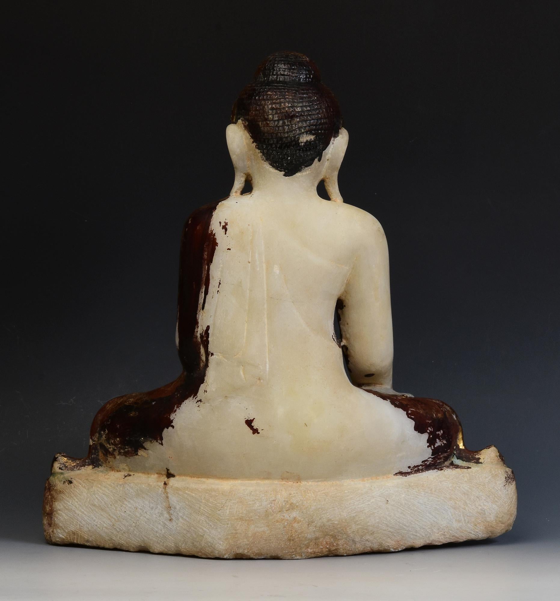 19th Century, Antique Burmese Alabaster Marble Buddha with Original Inlay Glass For Sale 7