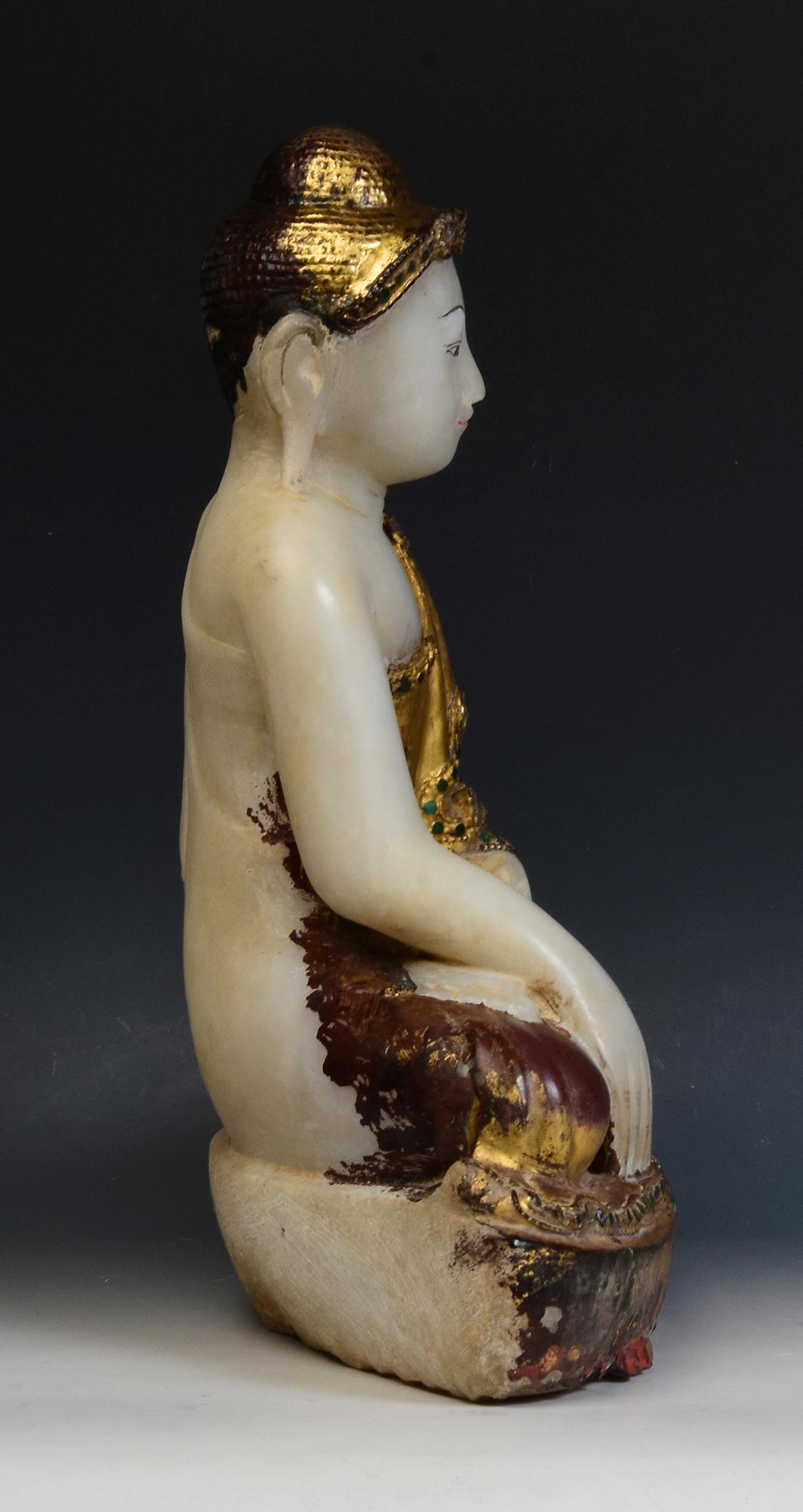 19th Century, Antique Burmese Alabaster Marble Buddha with Original Inlay Glass For Sale 9