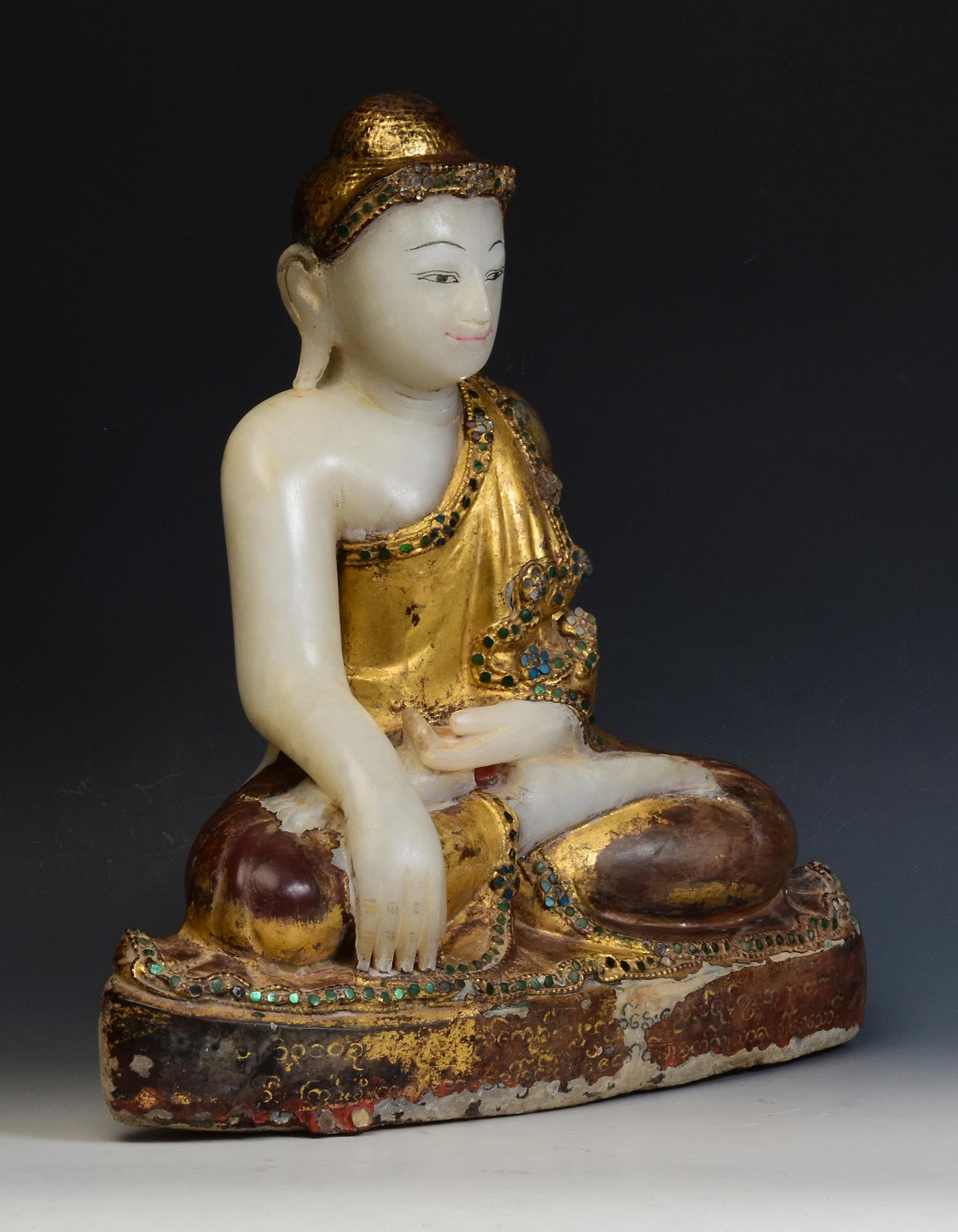 19th Century, Antique Burmese Alabaster Marble Buddha with Original Inlay Glass For Sale 10