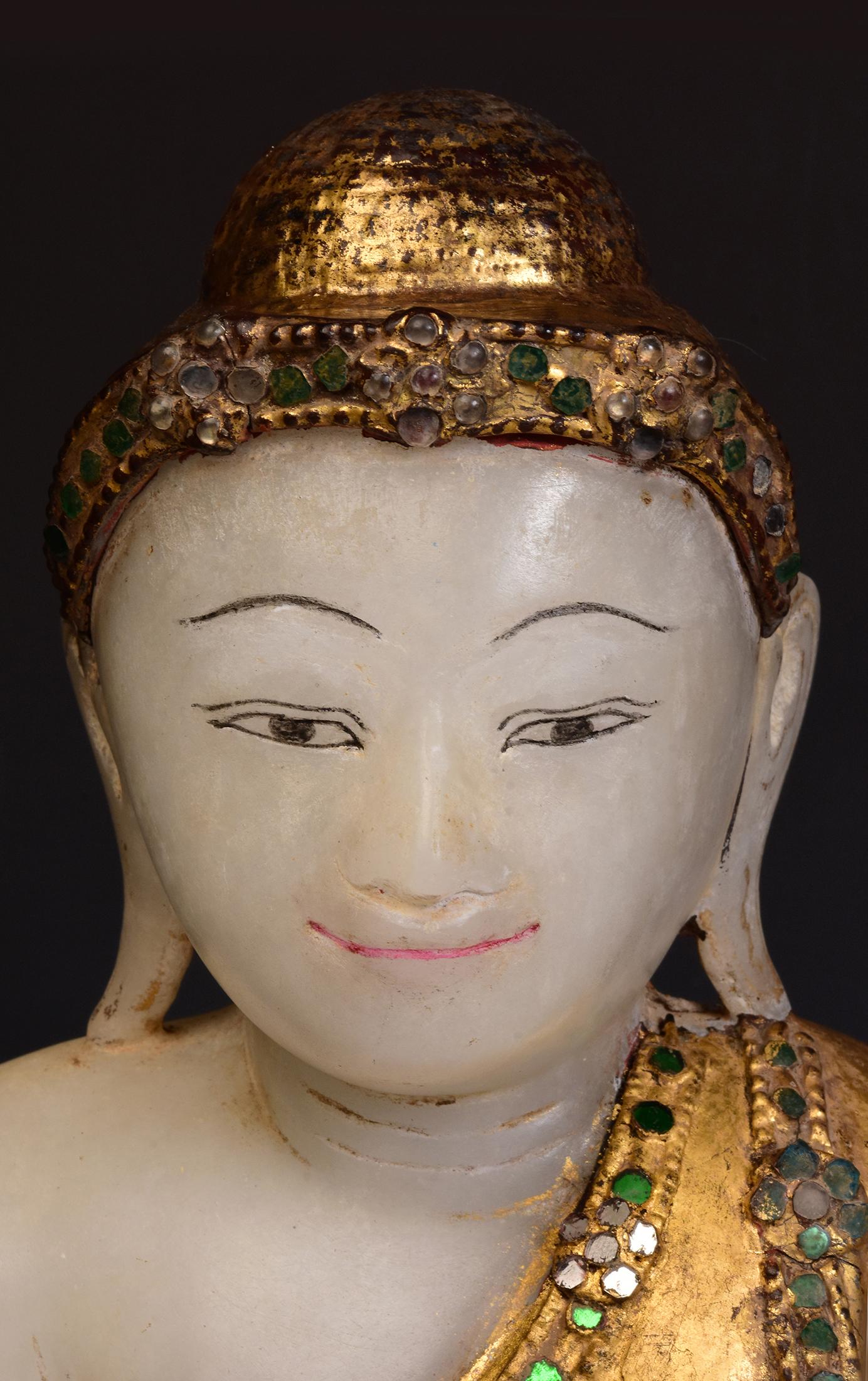 Hand-Carved 19th Century, Antique Burmese Alabaster Marble Buddha with Original Inlay Glass For Sale