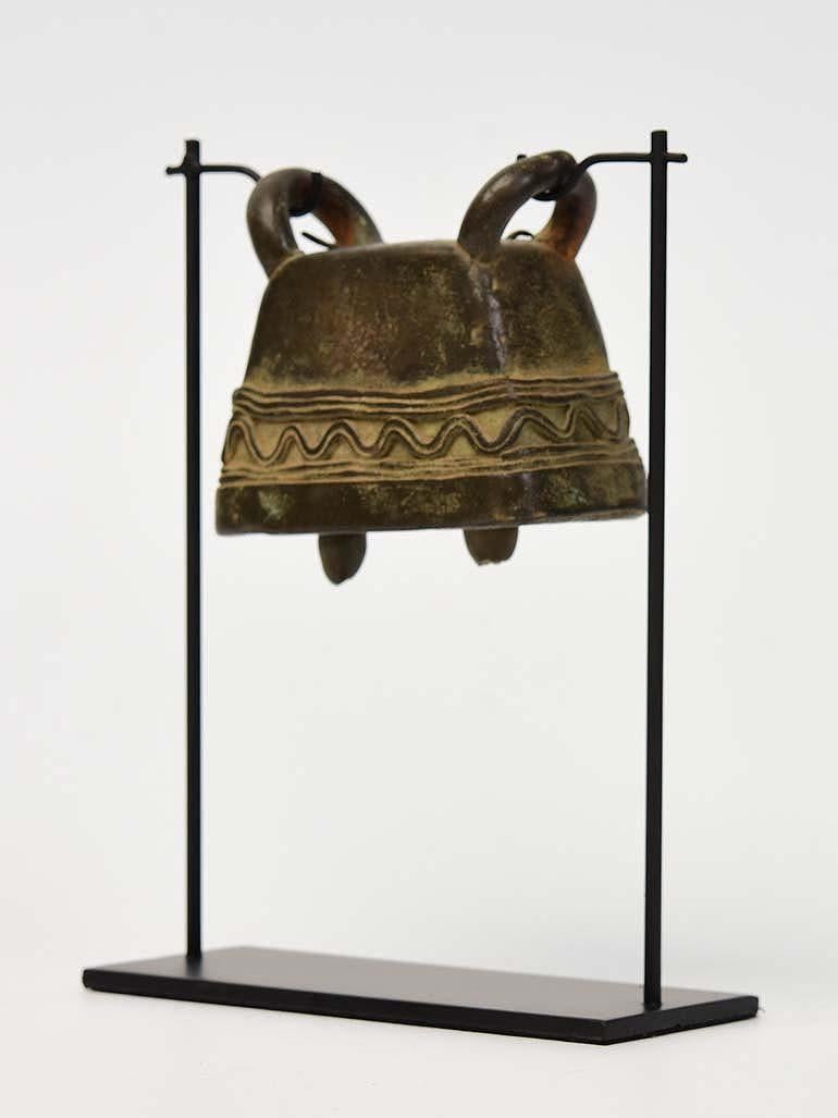 Hand-Carved 19th Century, Antique Burmese Bronze Cow Bell with Stand For Sale