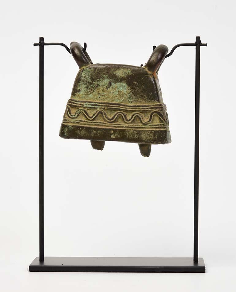 19th Century, Antique Burmese Bronze Cow Bell with Stand For Sale 1