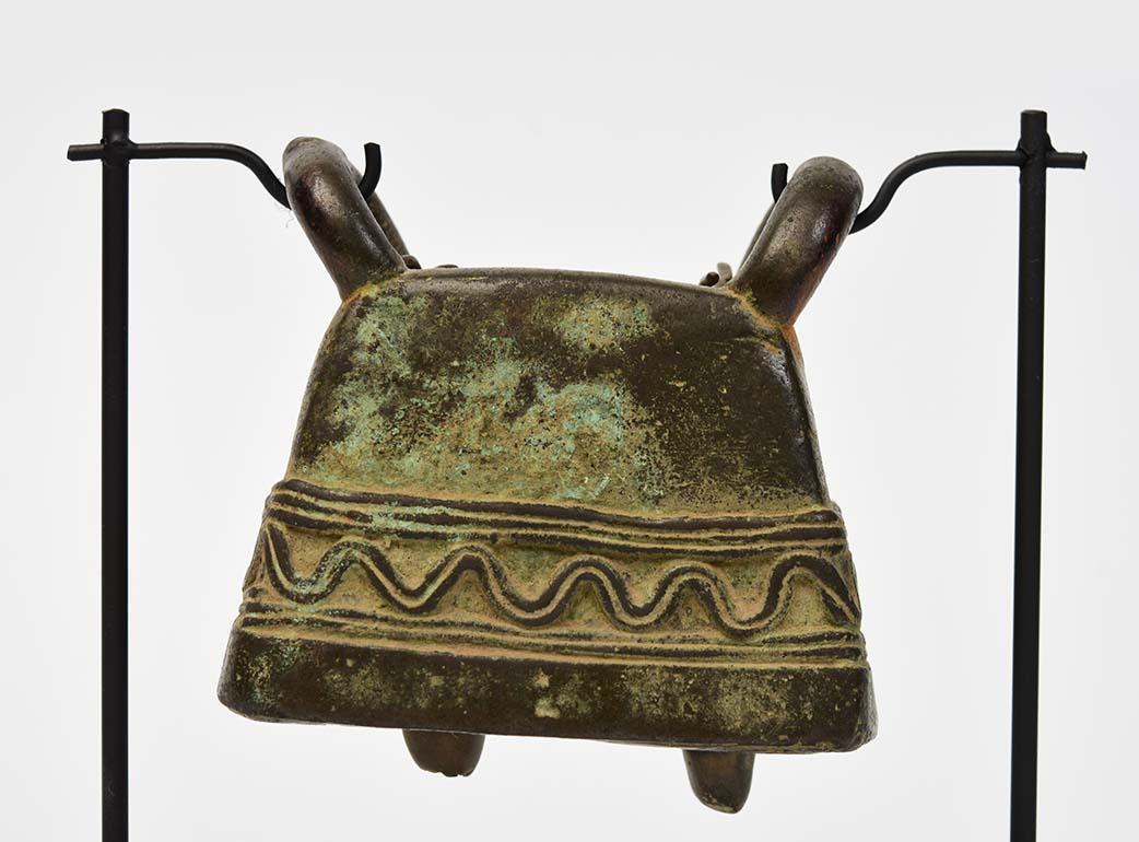 19th Century, Antique Burmese Bronze Cow Bell with Stand For Sale 2