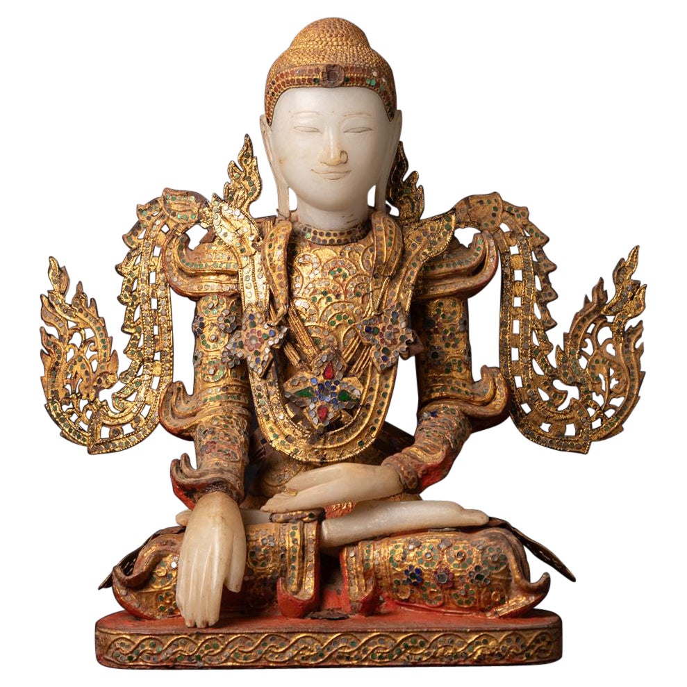 19th century Antique Burmese Crowned Buddha Statue in Bhumisparsha Mudra