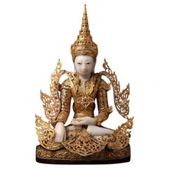 19th century Antique Burmese crowned Buddha statue in Bhumisparsha Mudra