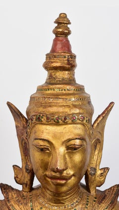 19th Century, Antique Burmese Lacquered Crowned Buddha on Three Elephants Base