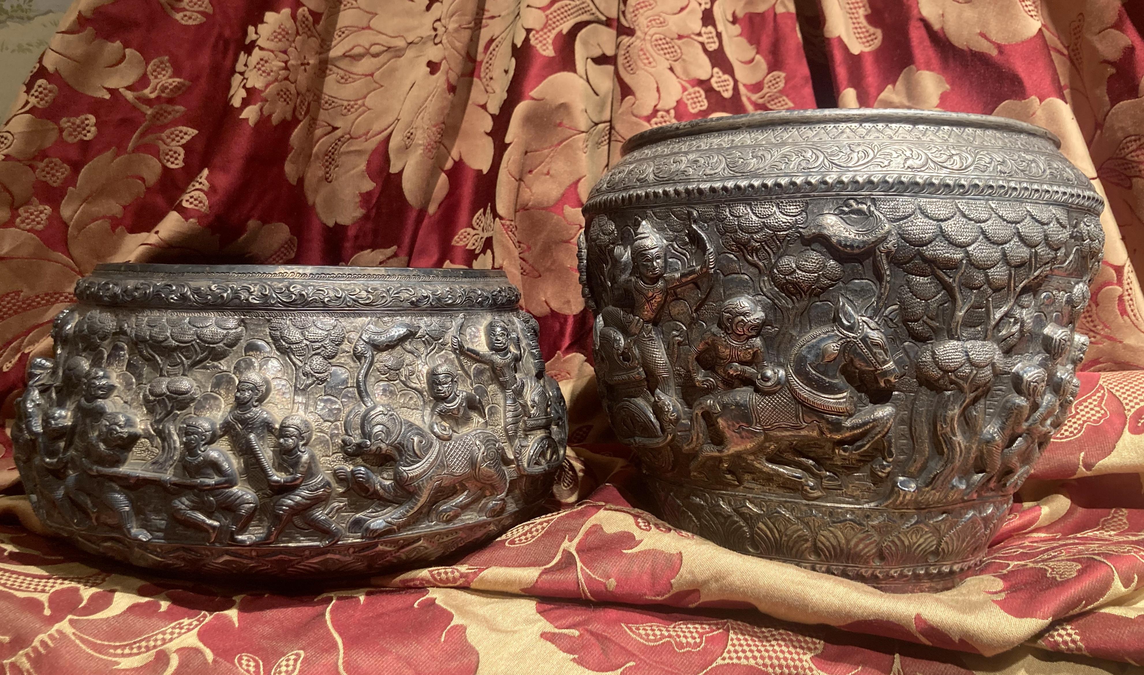 19ème siècle Antique Birmane argent massif argenté à la main Thabeik Bowl en vente 7