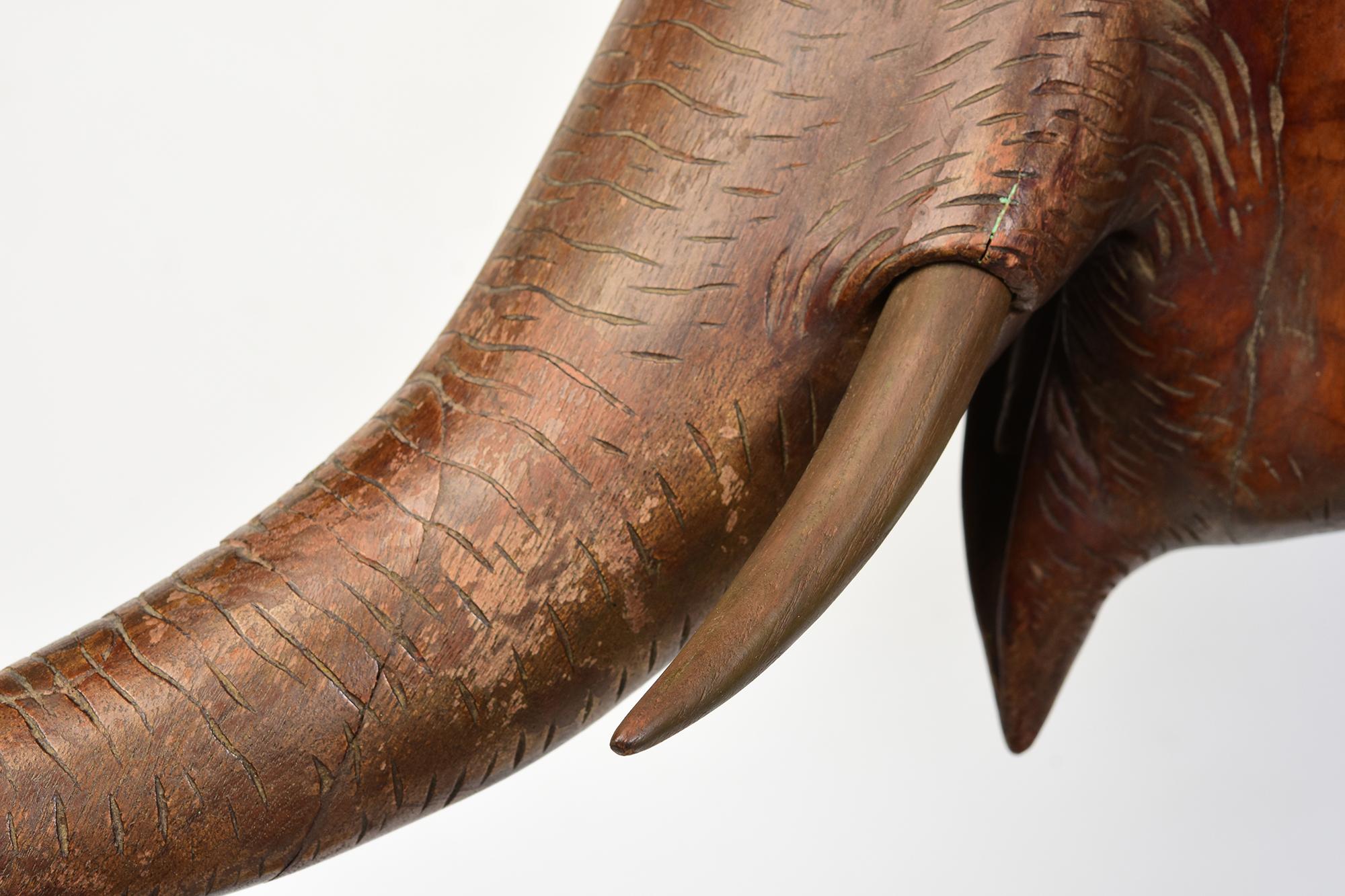Hand-Carved 19th Century, Antique Burmese Wooden Animal Elephant Head with Stand For Sale