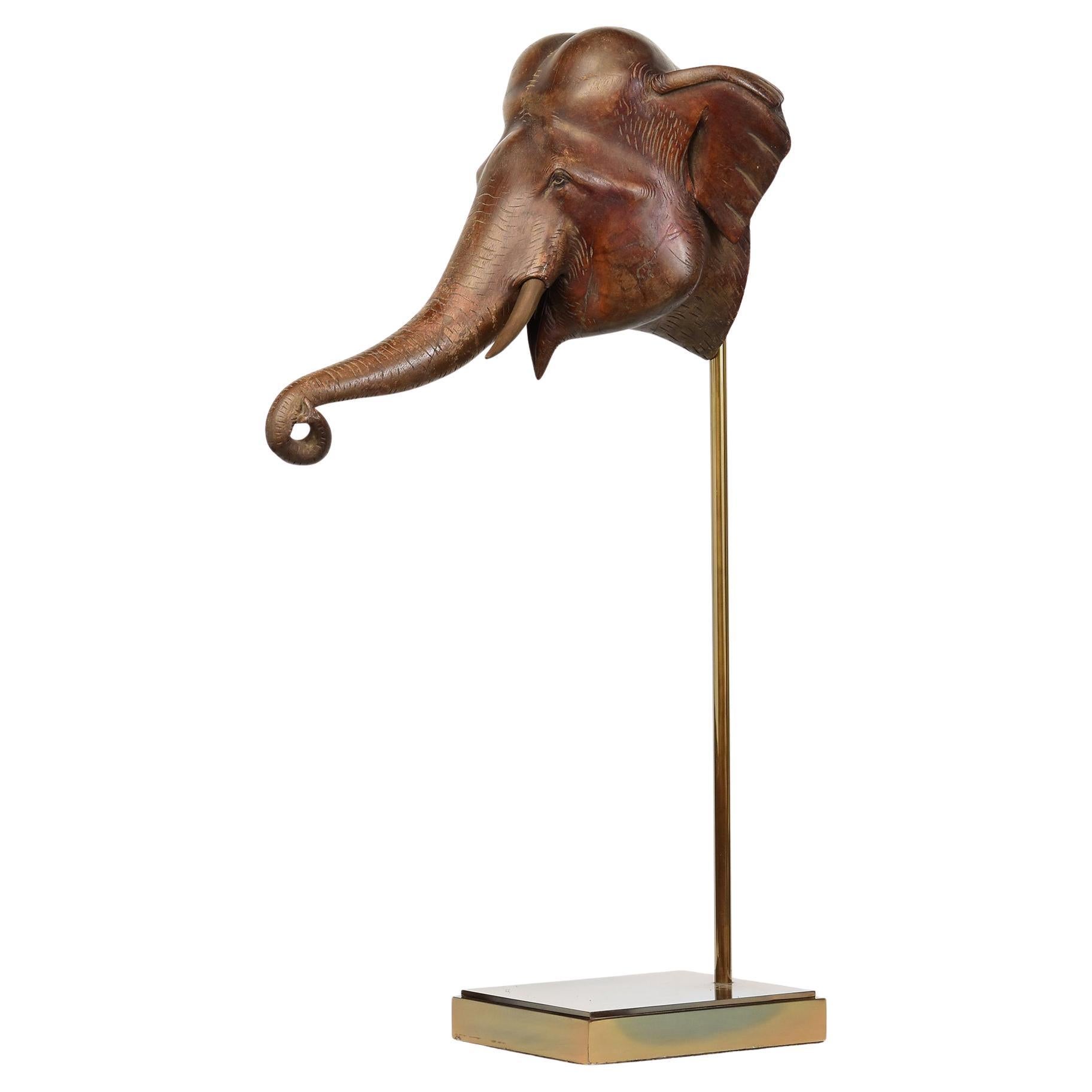 19th Century, Antique Burmese Wooden Animal Elephant Head with Stand