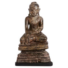 19th Century, Antique Burmese Wooden Seated Buddha