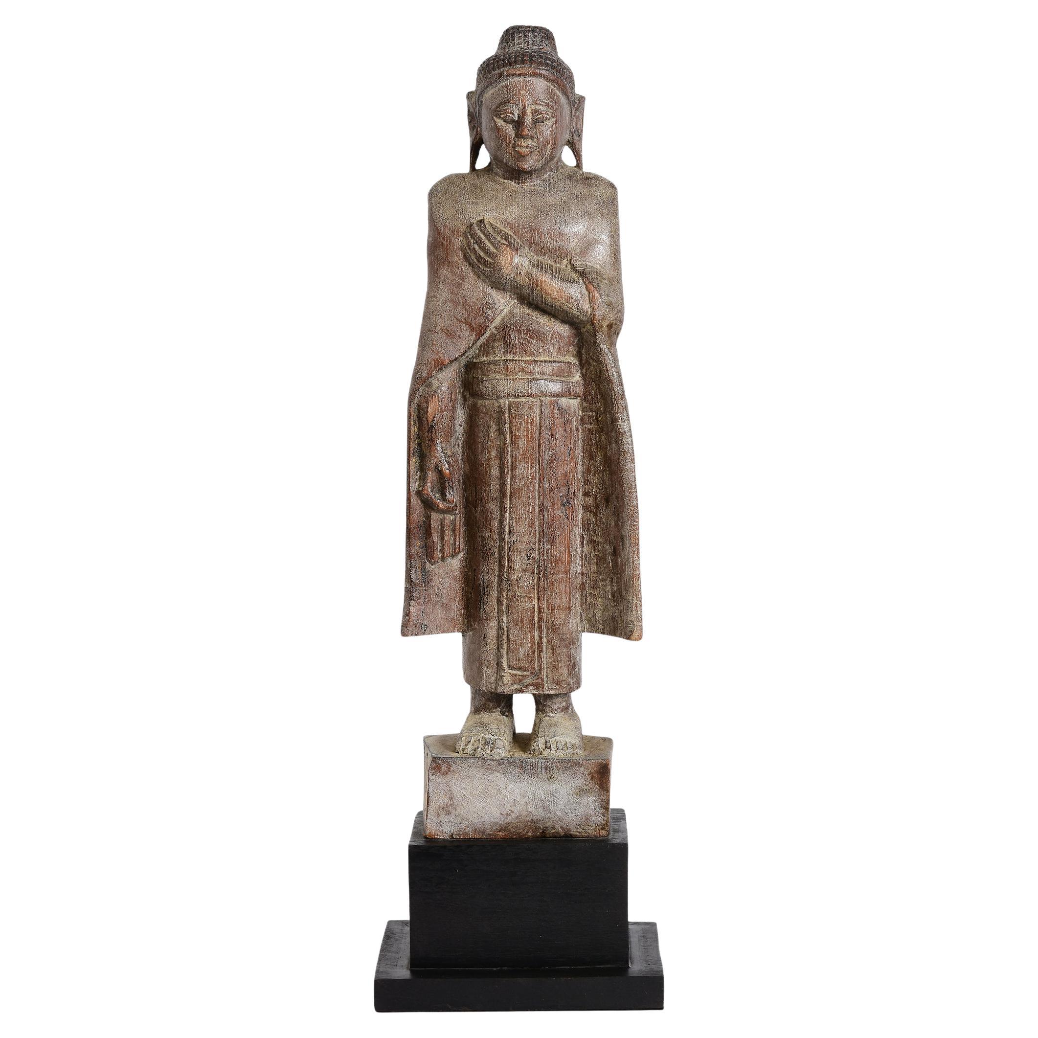 19th Century, Antique Burmese Wooden Standing Buddha