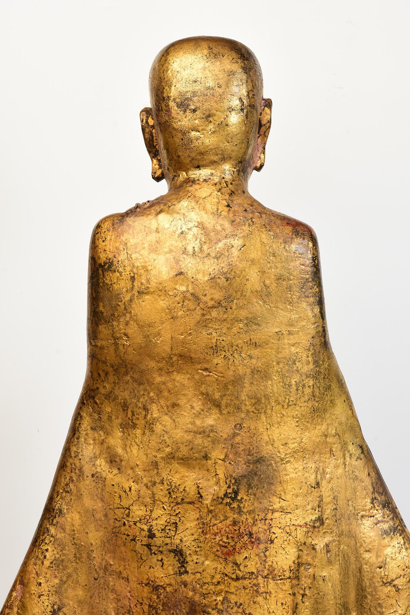 19th Century, Antique Burmese Wooden Standing Disciple / Monk Holding Bowl For Sale 6