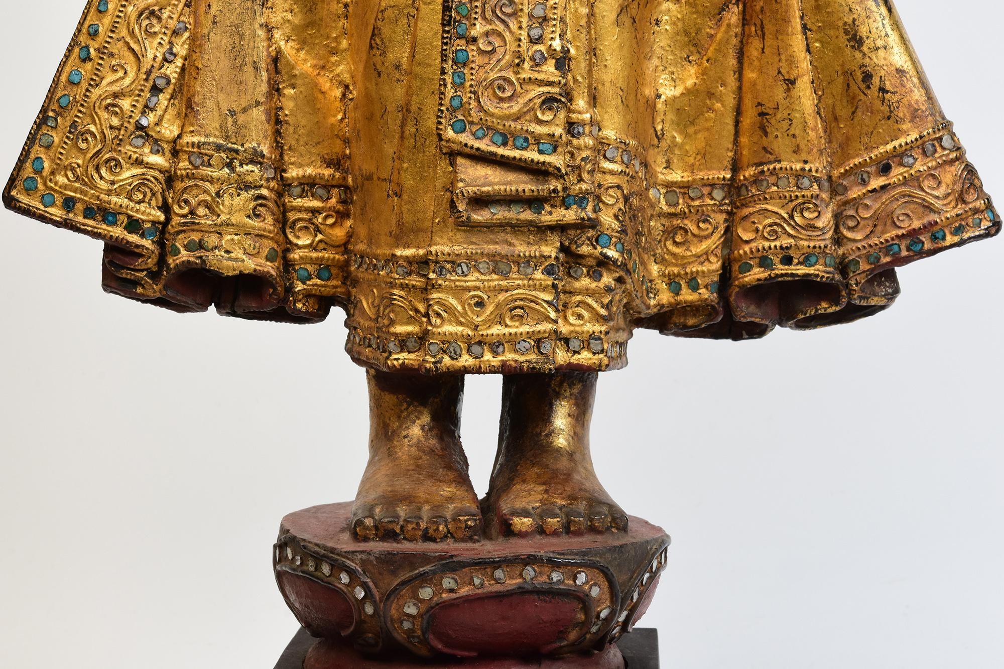 19th Century, Antique Burmese Wooden Standing Disciple / Monk Holding Bowl For Sale 2