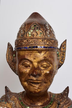 19th Century, Antique Burmese Wooden Standing Figure with Gilded Gold and Glass