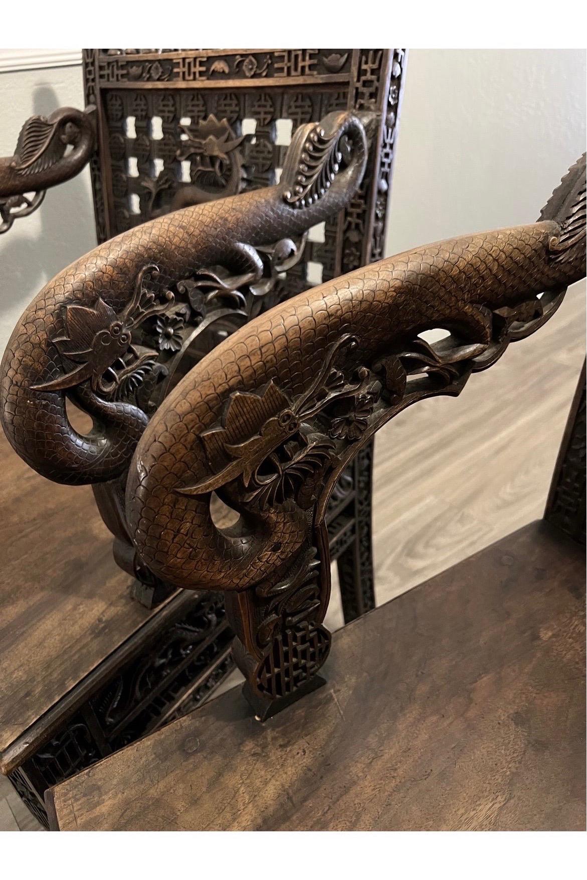 Hardwood 19th Century, Antique Carved Chinese Dragon and Symbolic Armchairs, Pair For Sale