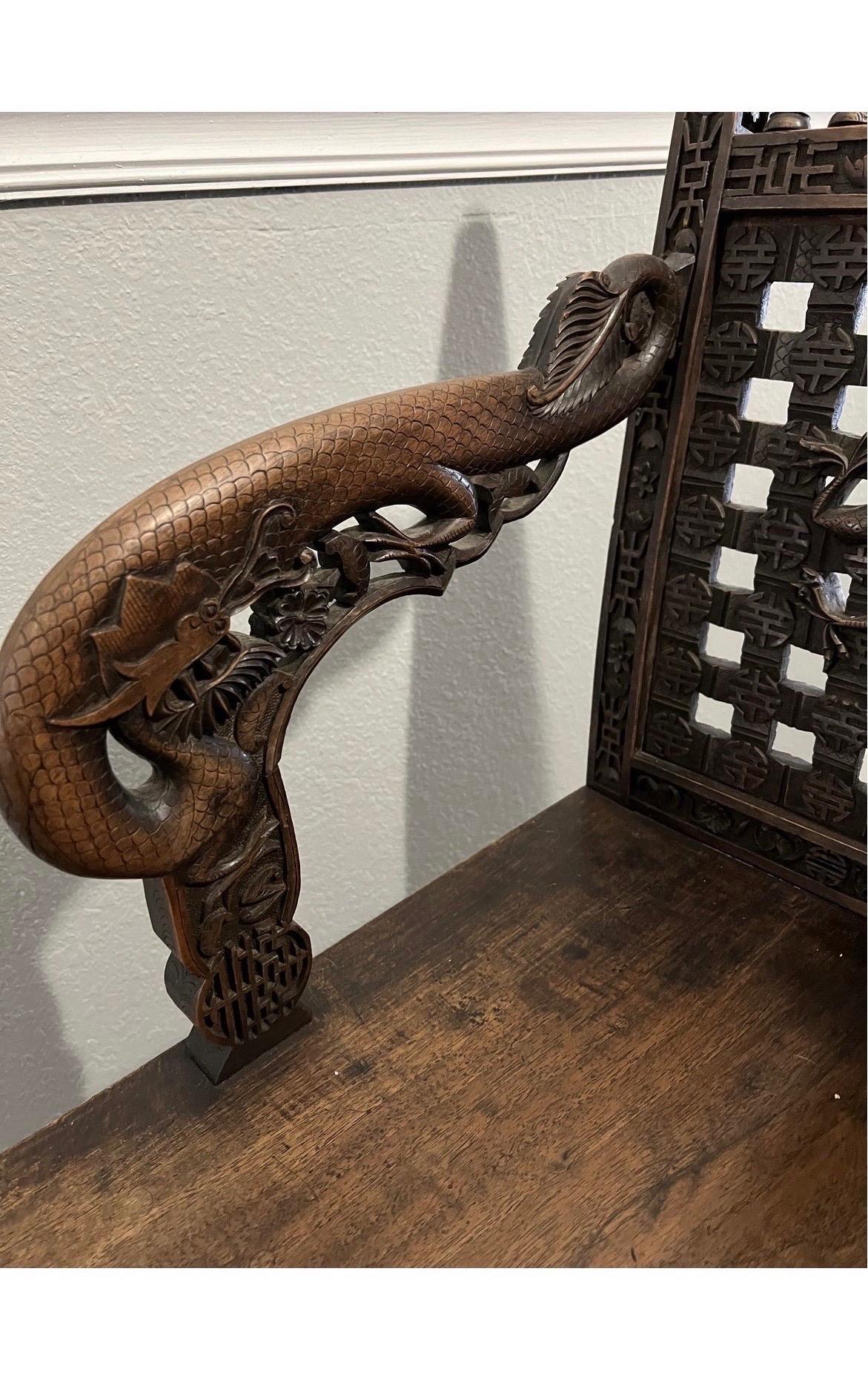 19th Century, Antique Carved Chinese Dragon and Symbolic Armchairs, Pair For Sale 2