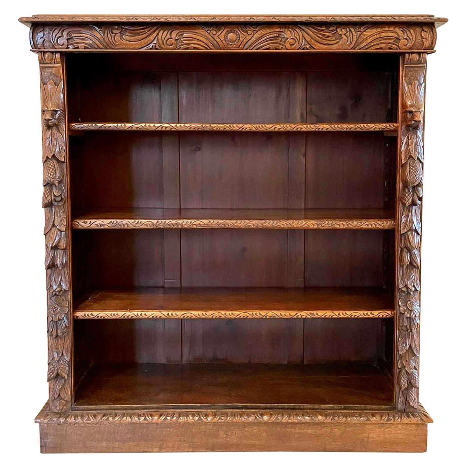 19th Century Antique Carved Oak Open Bookcase