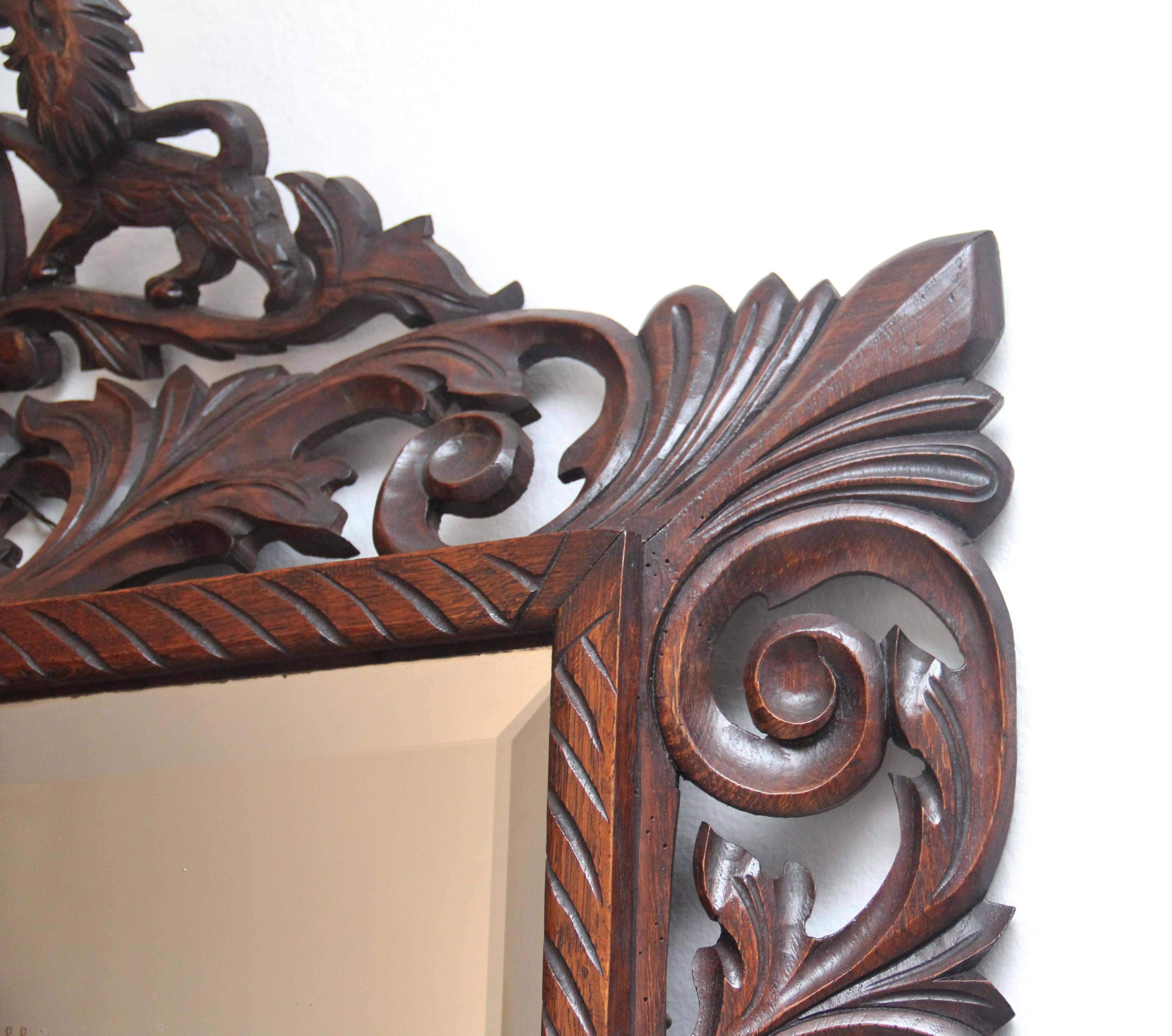 Glass 19th Century Antique Carved Oak Wall Mirror