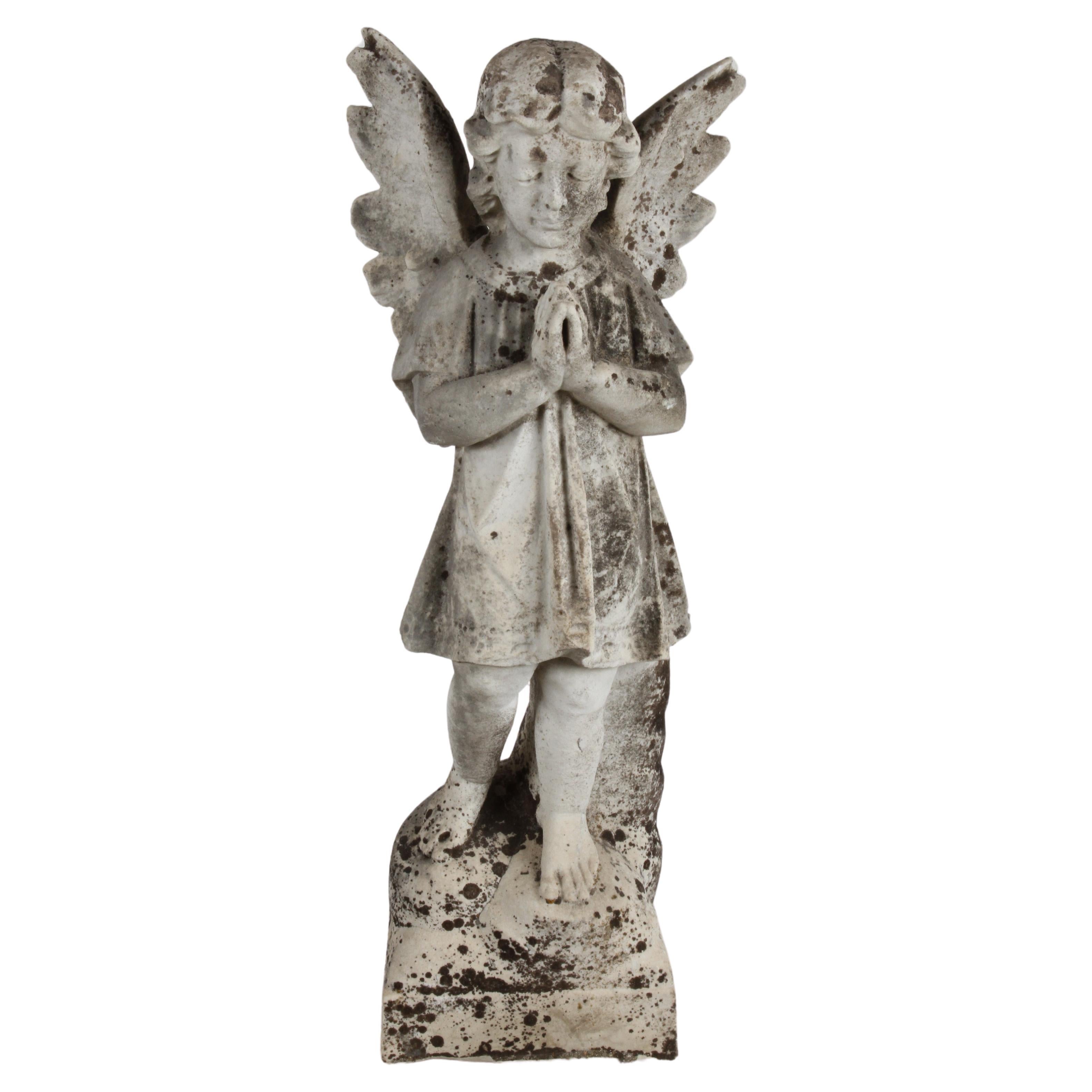 19th Century Antique Carved Stone Praying Angel Garden Statue or Sculpture 