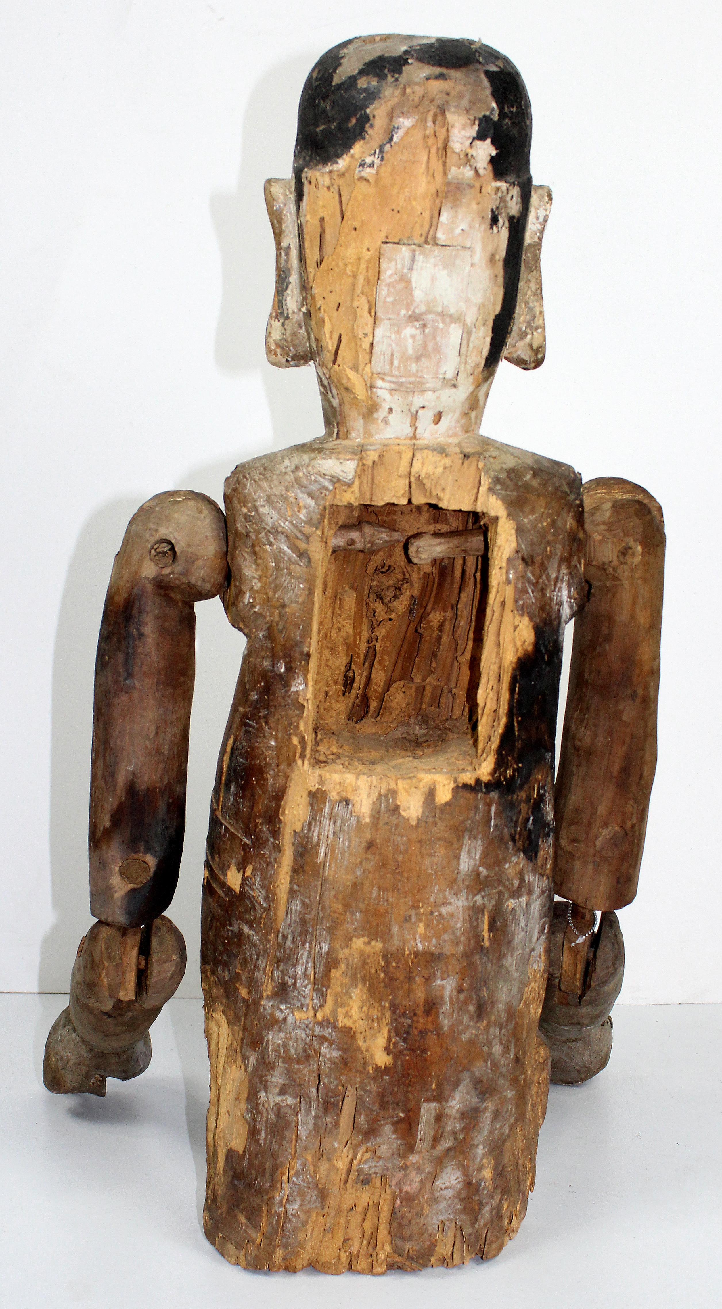 19th Century Antique Carved Wooden Figure Sculpture with Articulated Joints In Distressed Condition In Miami, FL