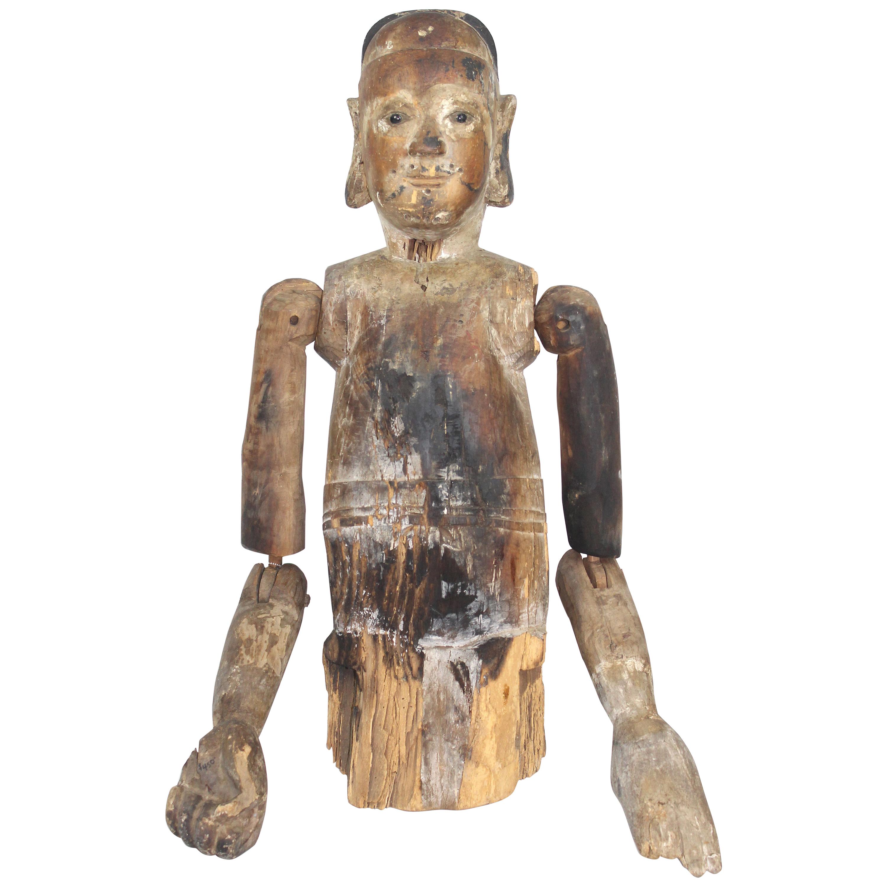 19th Century Antique Carved Wooden Figure Sculpture with Articulated Joints
