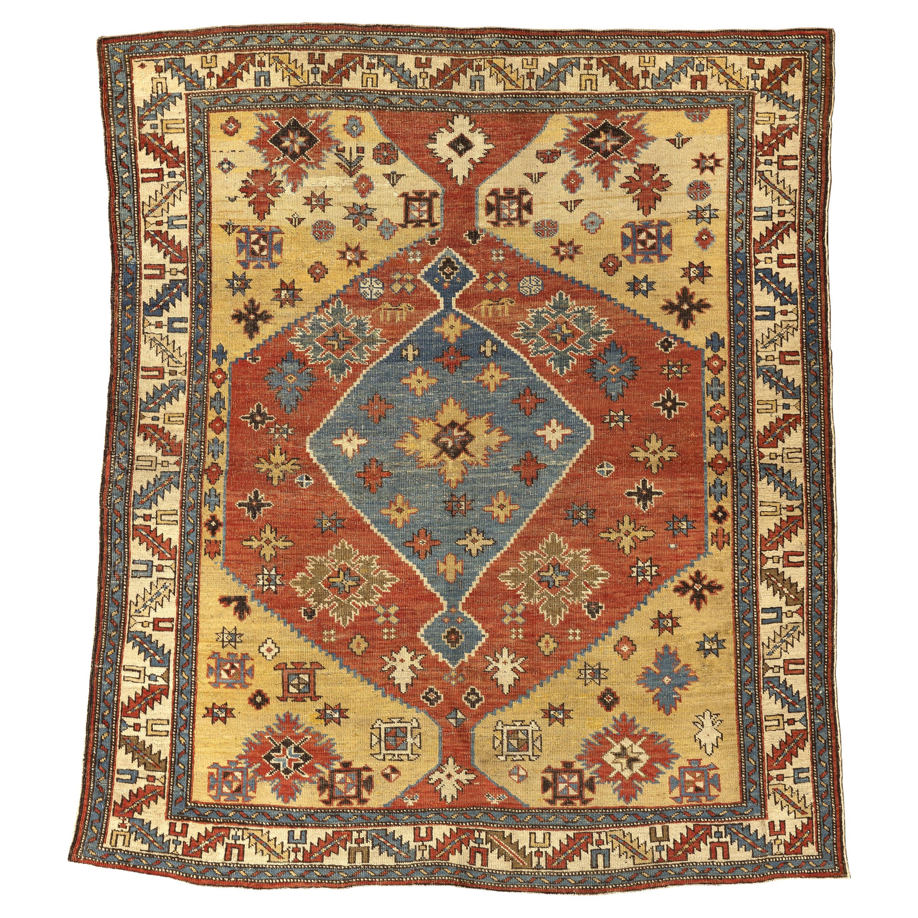 19th Century Antique Caucasian Shirvan Rug in Red, Blue and Gold Wool im Angebot