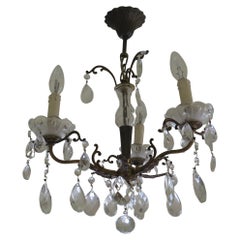 19th Century Antique Chandelier 3-Branch Glass Crystal Drops Gilt Metal, French