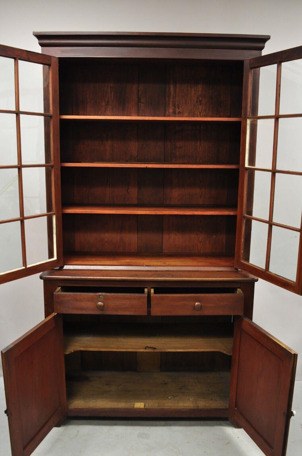 Primitive 19th Century Antique Cherry Wood Cupboard Hutch China Cabinet with Wavy Glass