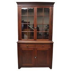 19th Century Antique Cherry Wood Cupboard Hutch China Cabinet with Wavy Glass