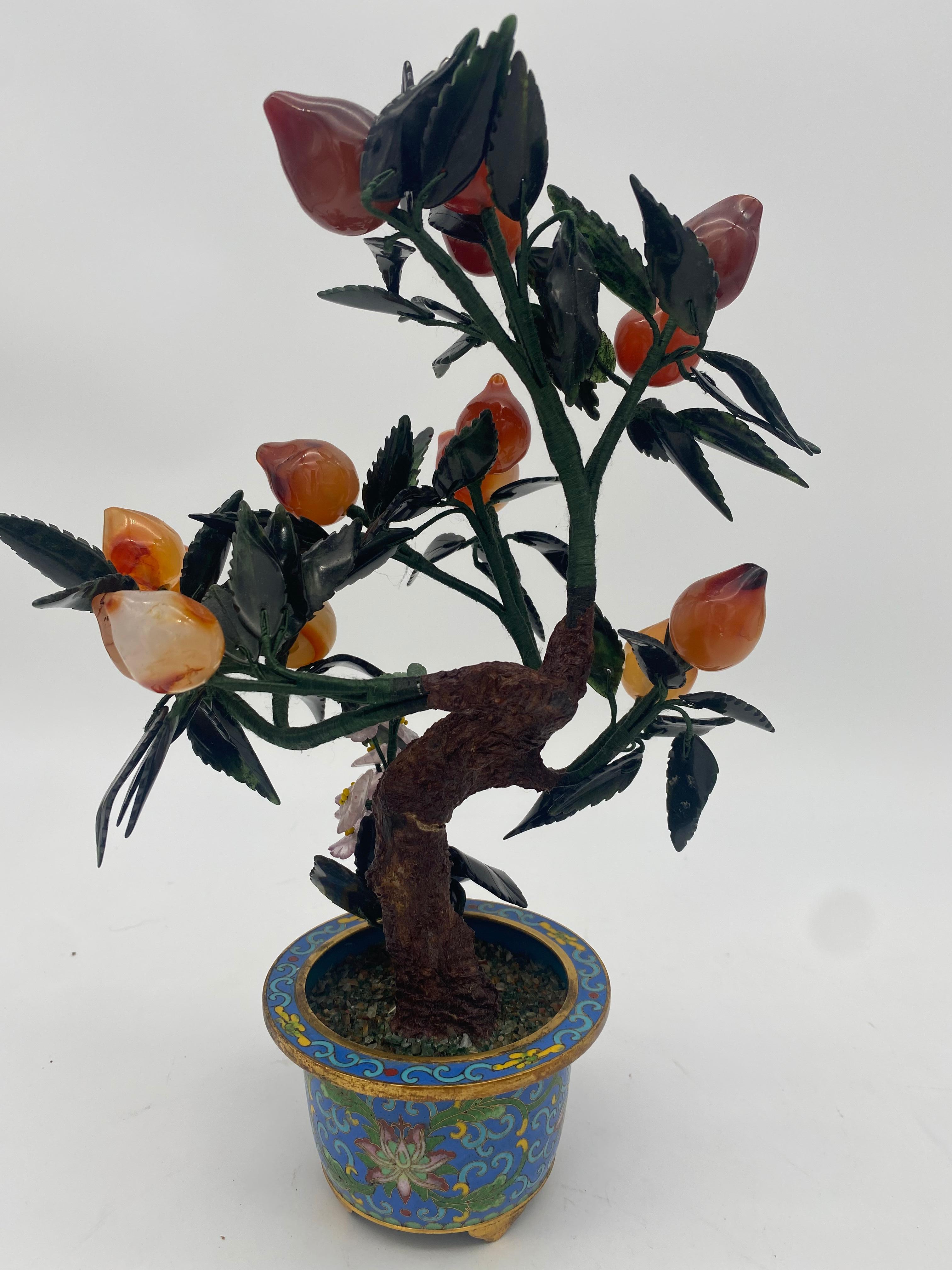 Carved Antique Chinese Bonsai Tree in Gilt Cloisonné Pot