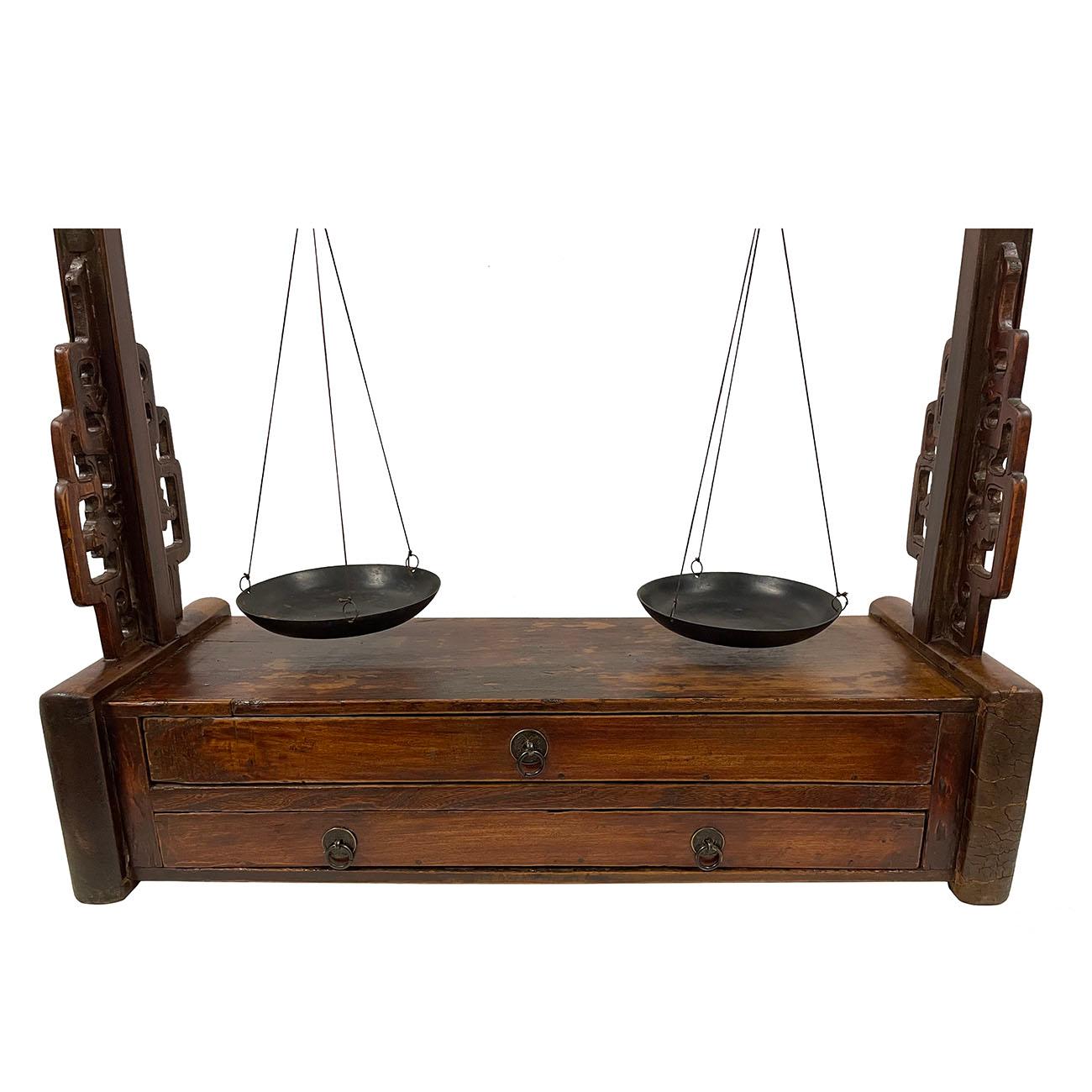 19th Century Antique Chinese Apothecary Balance Scale Stand with Weights In Good Condition For Sale In Pomona, CA