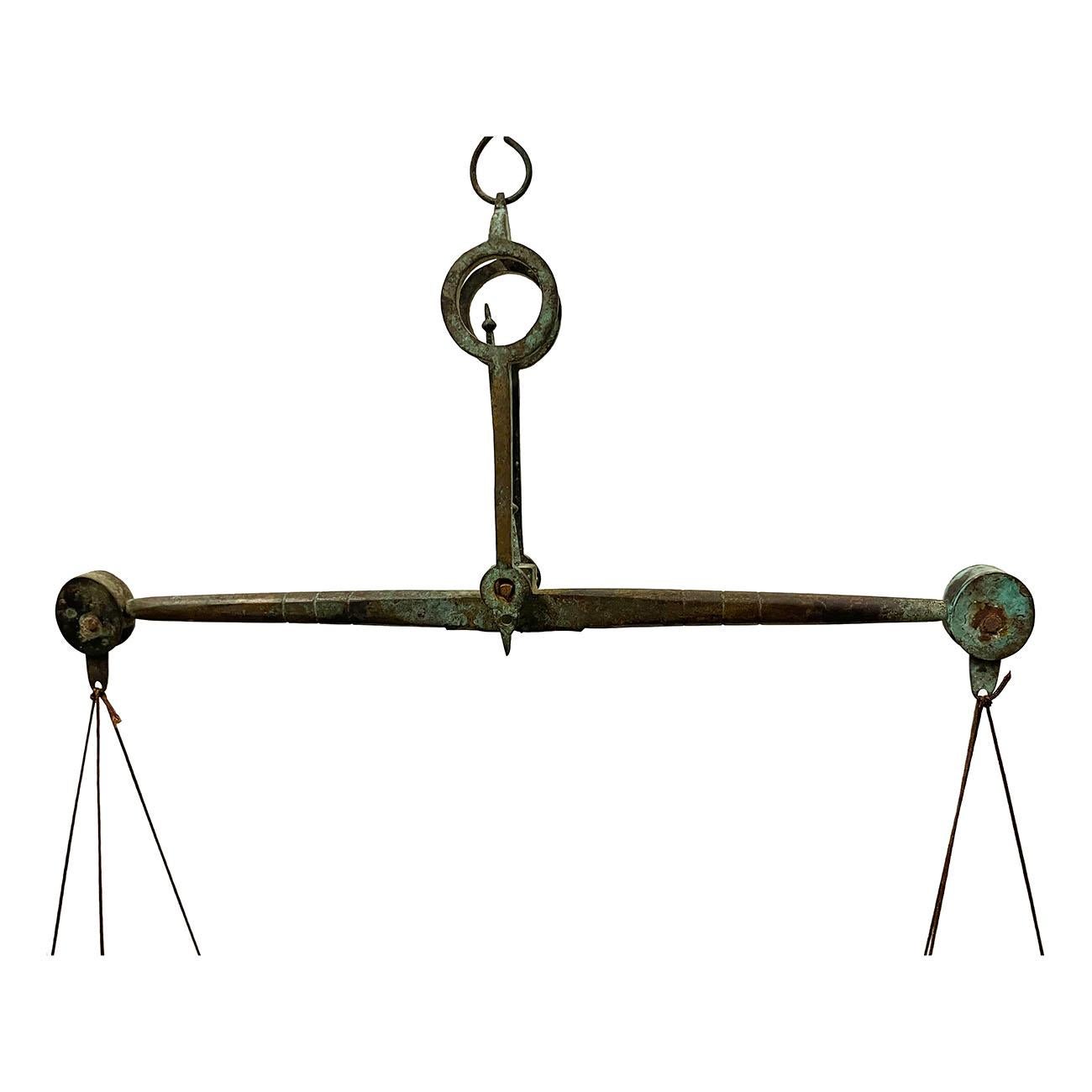 Brass 19th Century Antique Chinese Apothecary Balance Scale Stand with Weights For Sale