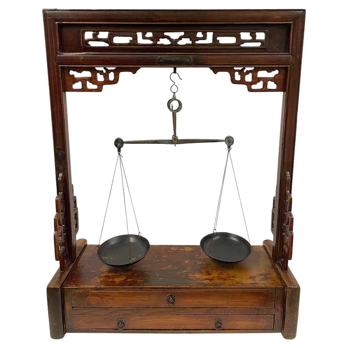 19th Century Antique Chinese Apothecary Balance Scale Stand with Weights