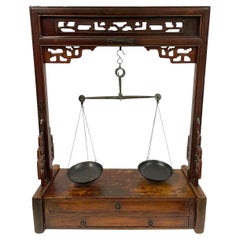 19th Century Antique Chinese Apothecary Balance Scale Stand with Weights