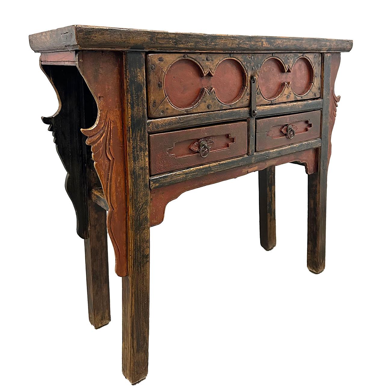 This beautiful antique carved console table has beautiful traditional detailed deep/raised carving works on the front drawers panel and legs. It features one big trunk drawer on the top and two drawers underneath. All drawers have beautiful