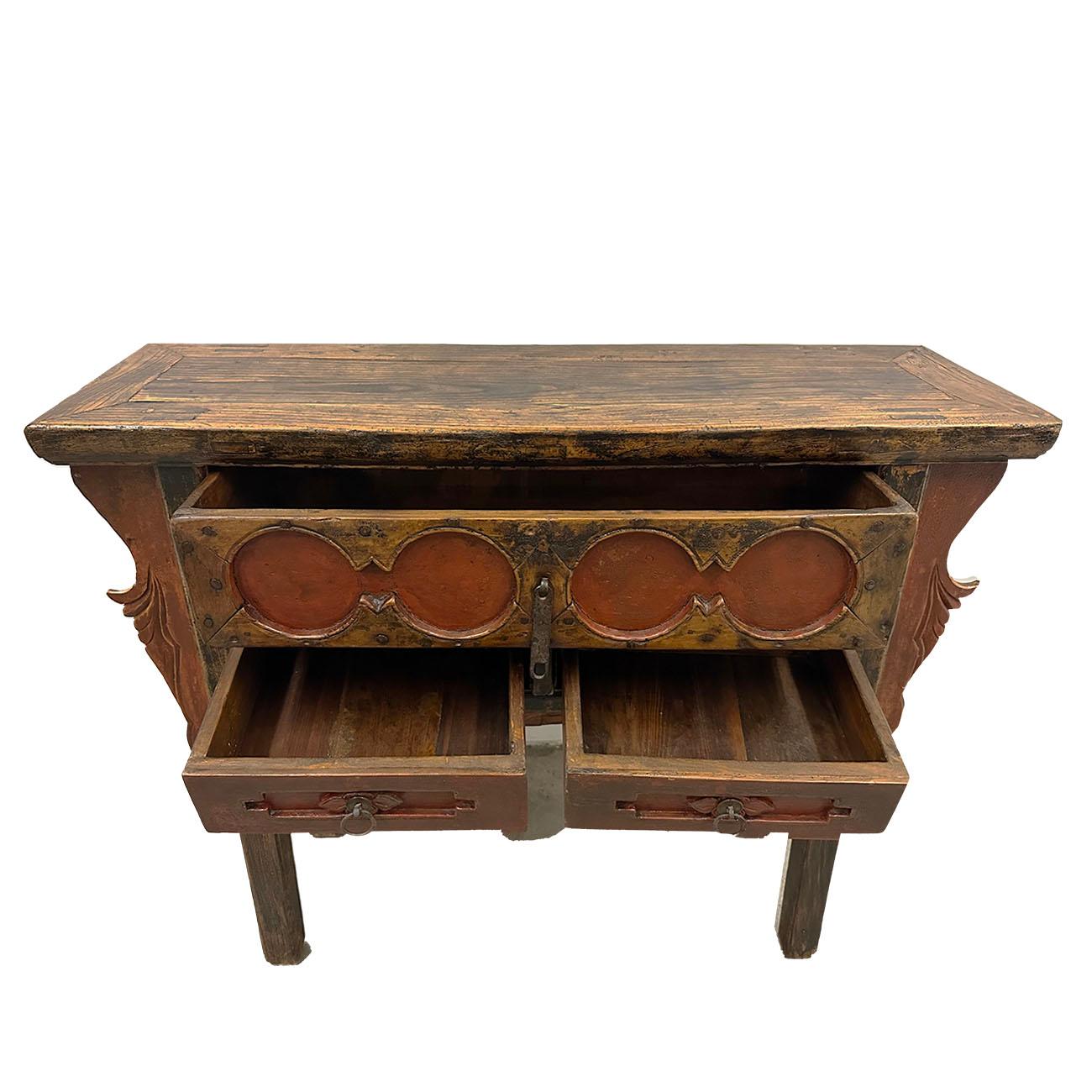 Chinese Export 19th Century Antique Chinese Carved 3 Drawers Console Table For Sale