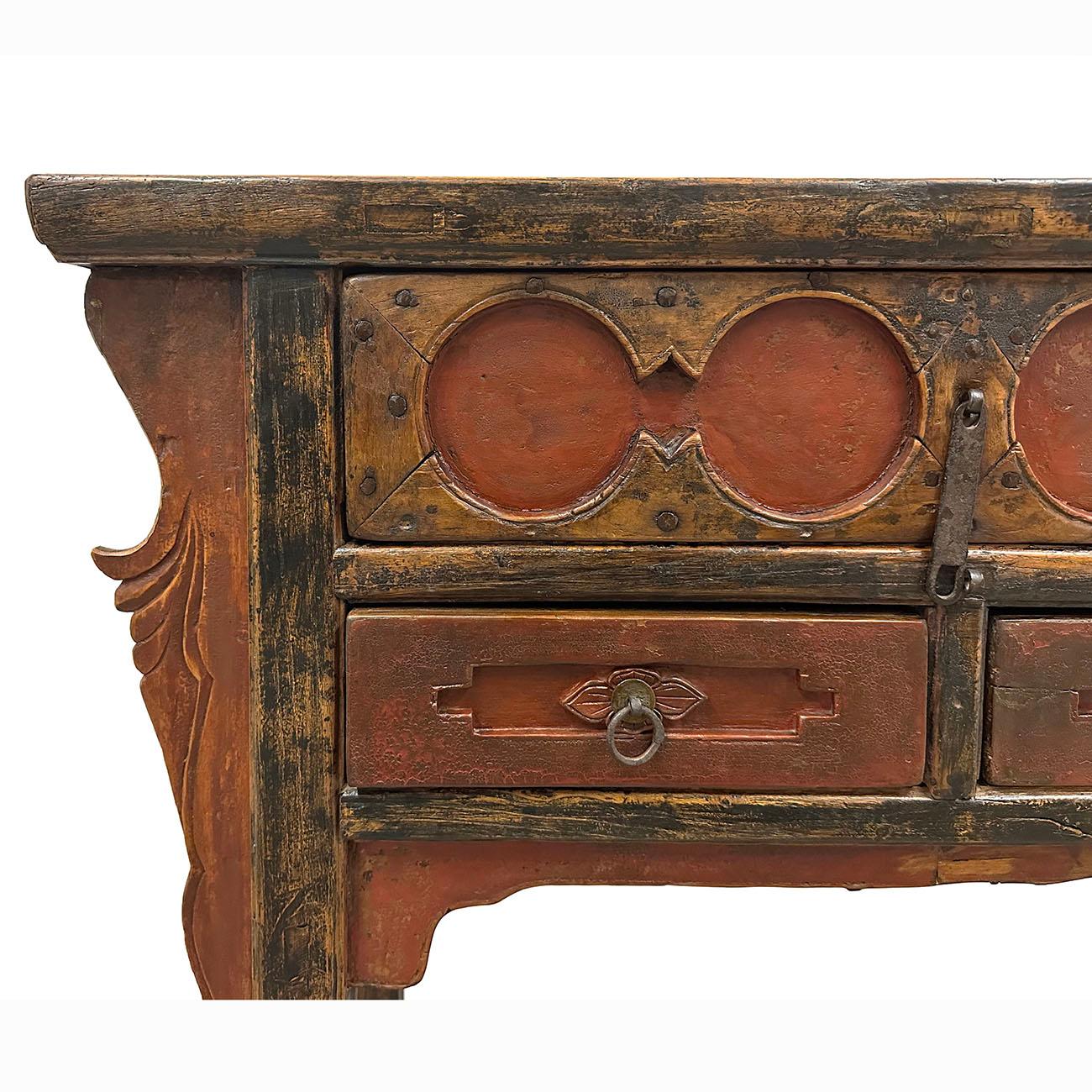 19th Century Antique Chinese Carved 3 Drawers Console Table In Good Condition For Sale In Pomona, CA