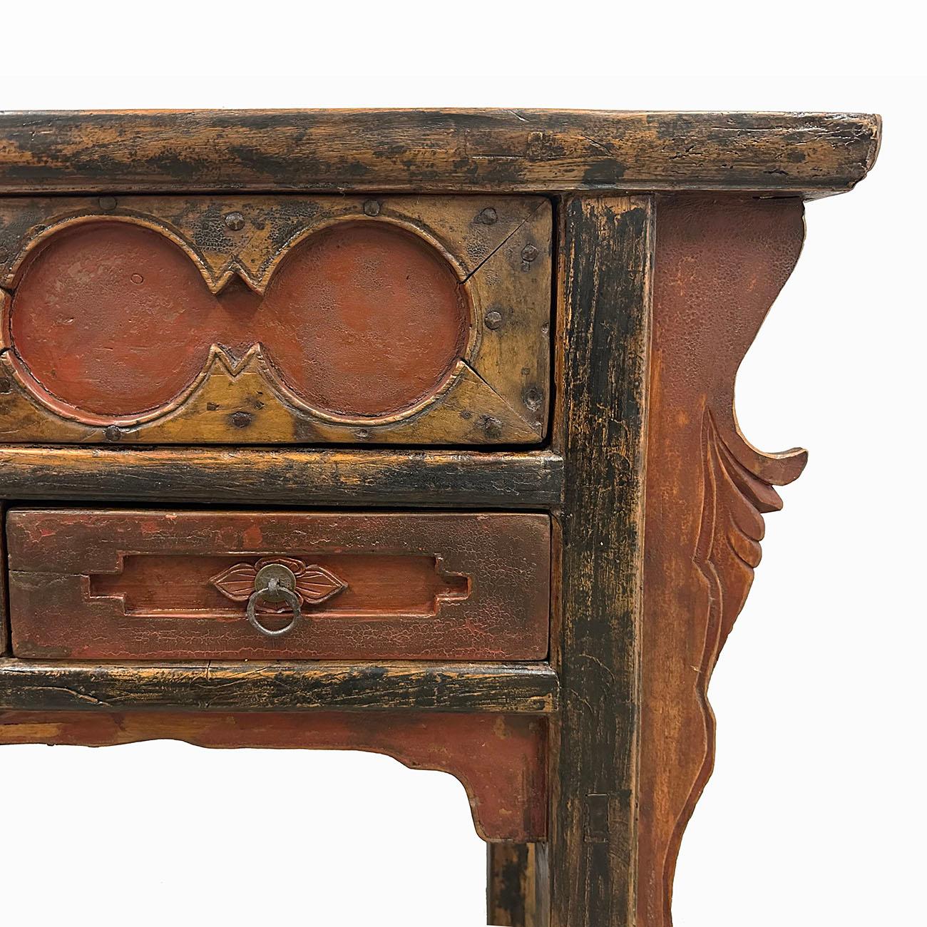 Elm 19th Century Antique Chinese Carved 3 Drawers Console Table For Sale